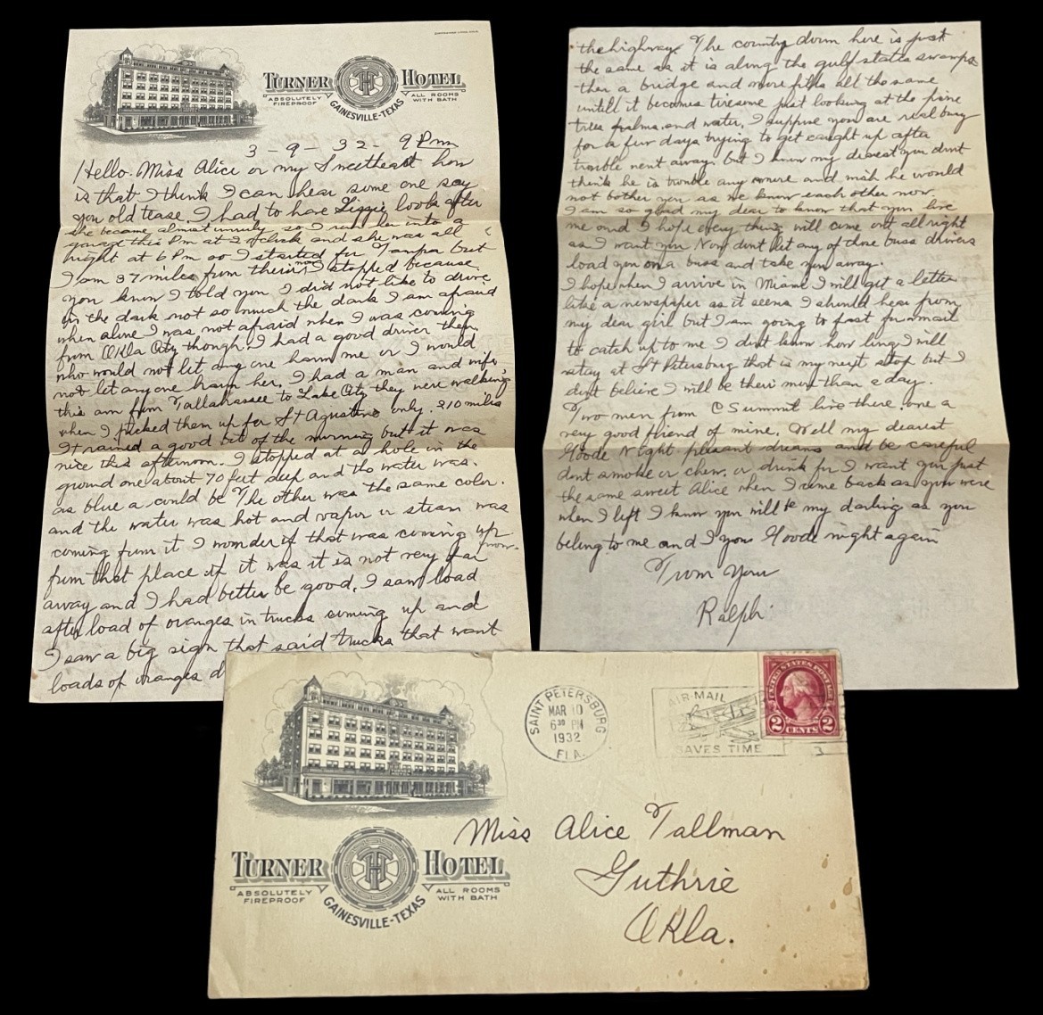 1932  DEPRESSION ERA Love Letter Florida Tampa St Pete Road Trip Turner Hotel
