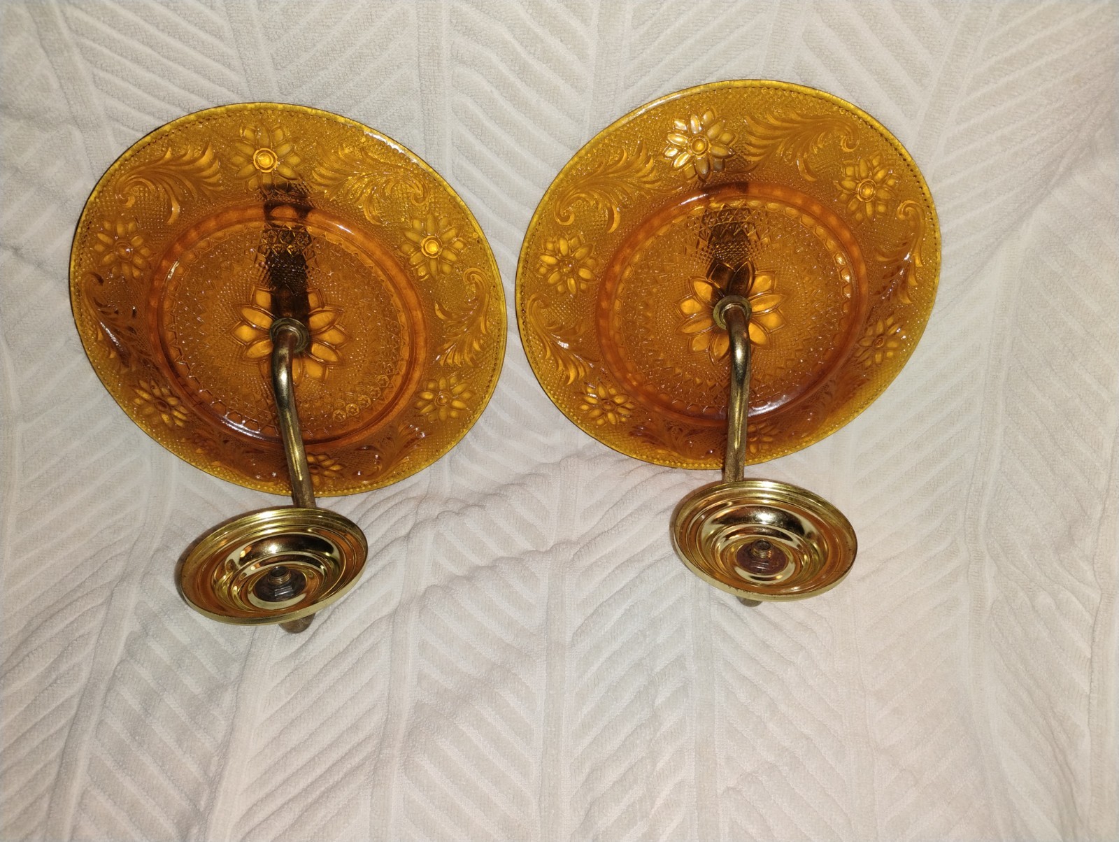 Vintage Pair of Amber Indiana Tiara Glass Wall Sconce Candle Holder MCM