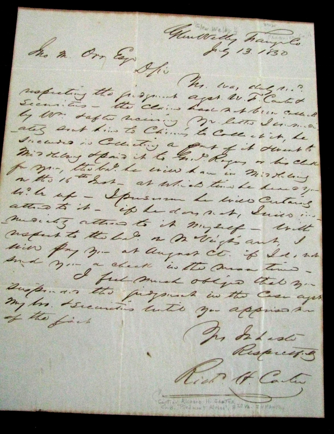 CIVIL WAR  VIRGINIA CAPTAIN RICHARD CARTER  LETTER GLEN VALLEY FAUQUIER VA 1830