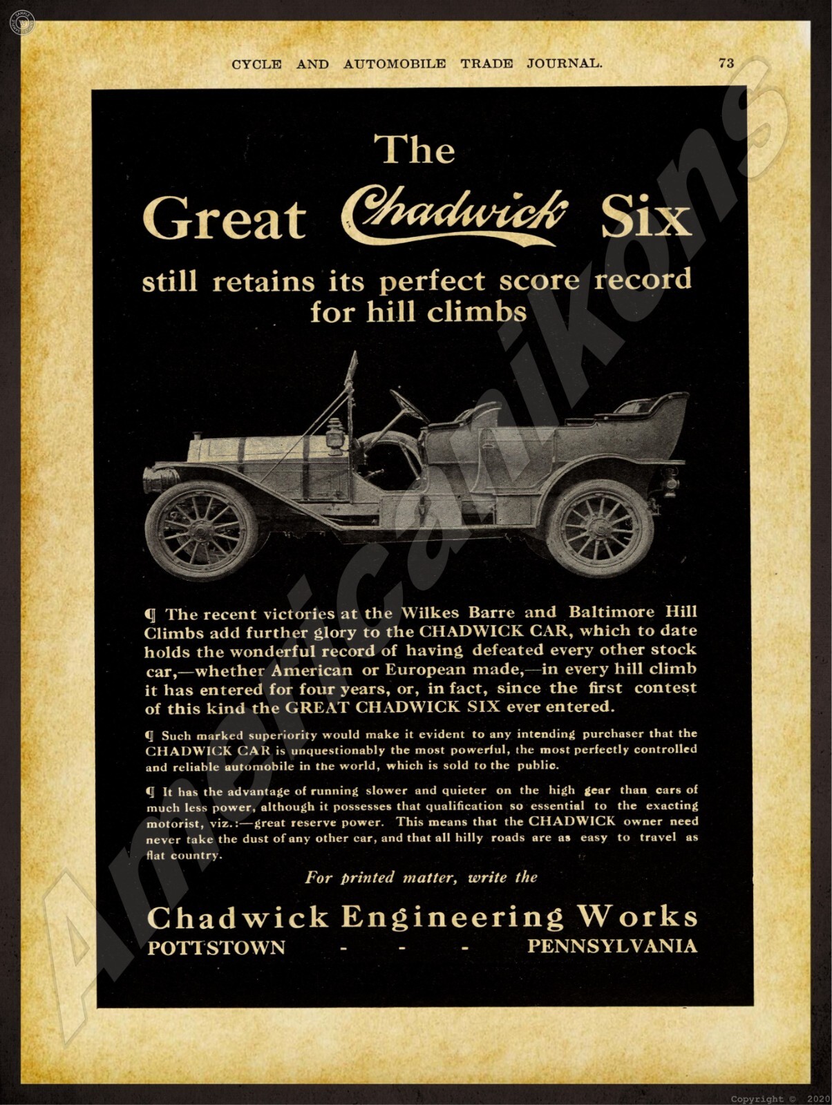 1911 Chadwick Automobiles of Pottstown, PA NEW METAL SIGN: 12x16\ 1911 Chadwick Automobiles of Pottstown, PA NEW METAL SIGN: 12x16\