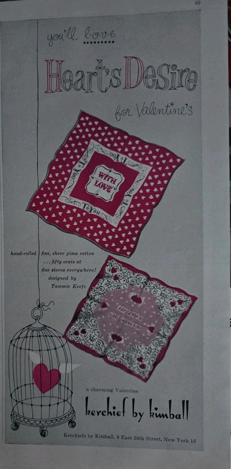 1949 Women\'s Kimball Hearts Desire handkerchiefs Valentine\'s Day Vintage ad 