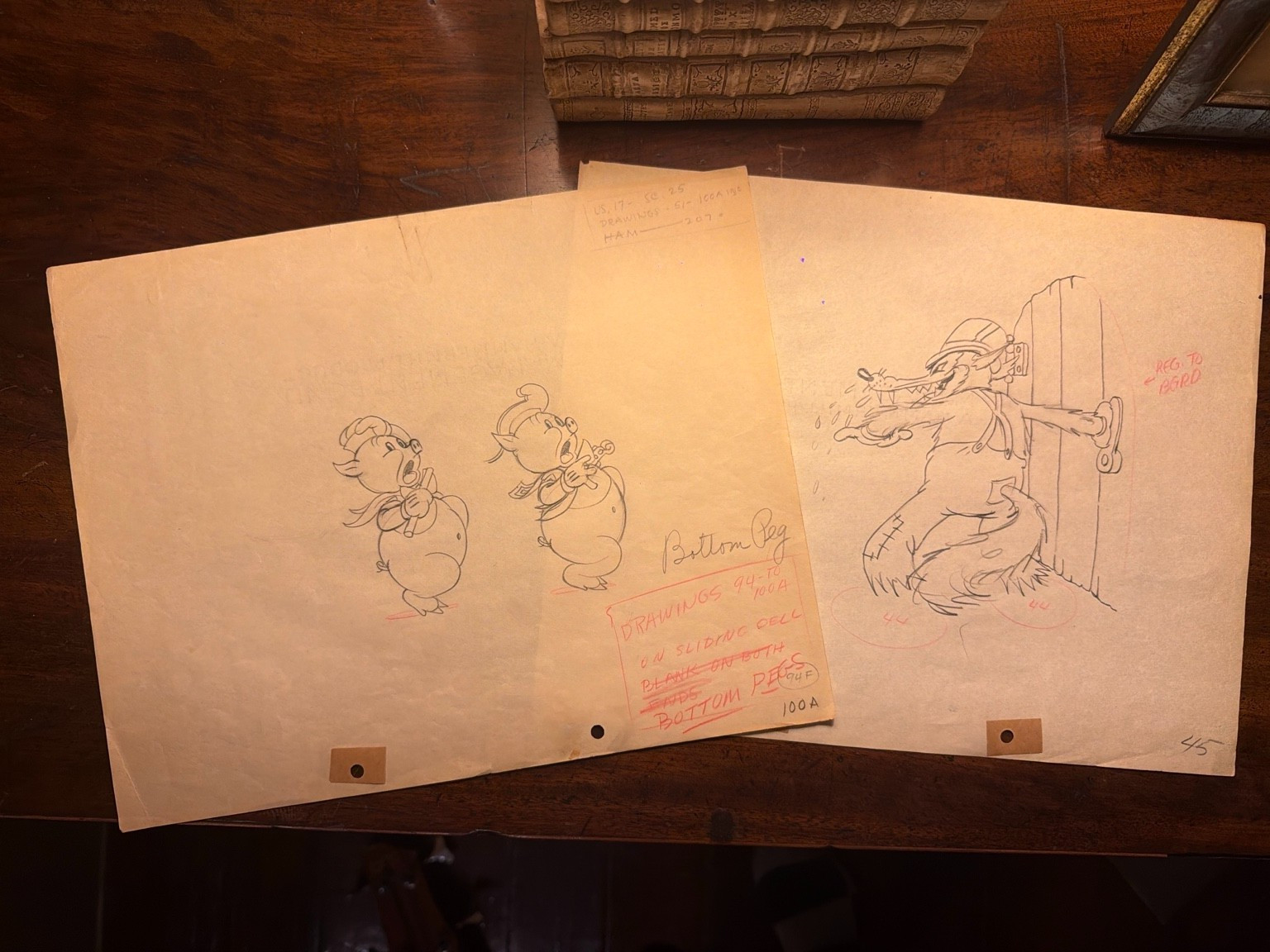 Vintage 1930s animation drawings wolf pigs attributed Disney-era