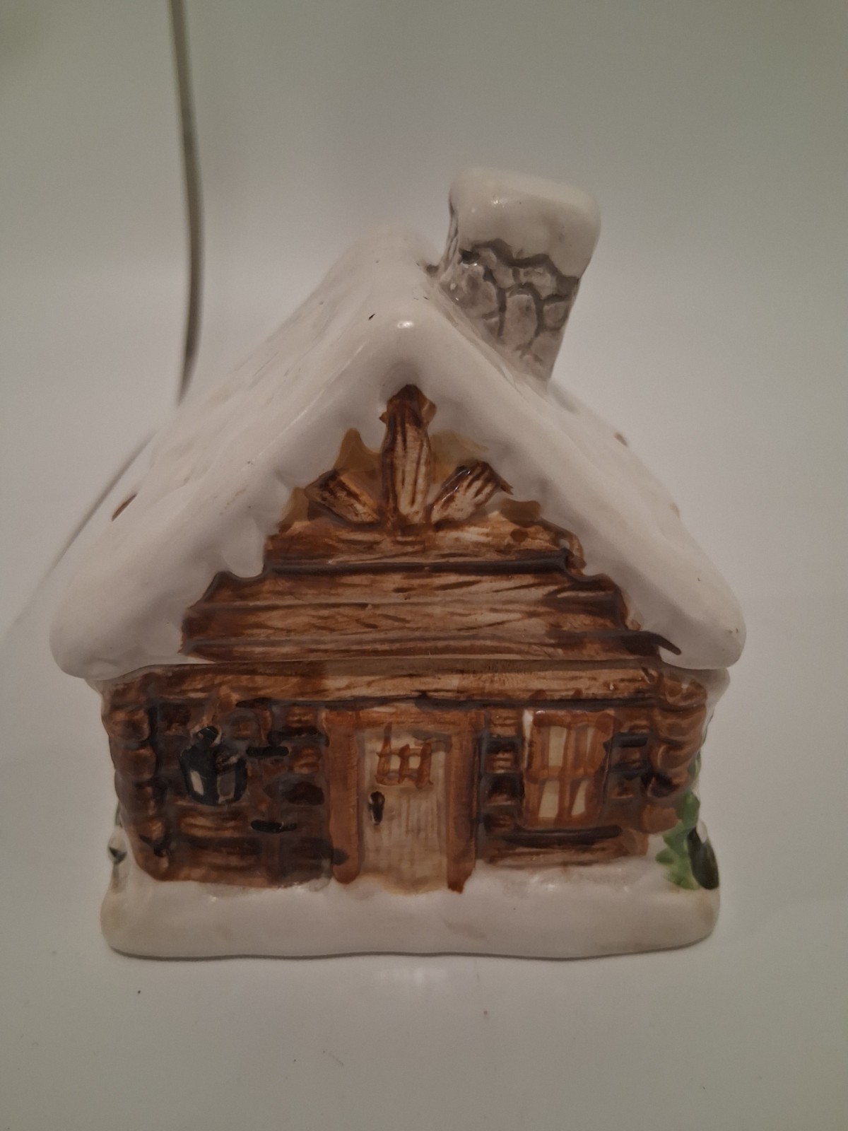 Vintage GKRO Ceramic Snowy Log Cabin Candle Holder Village House Winter Decor