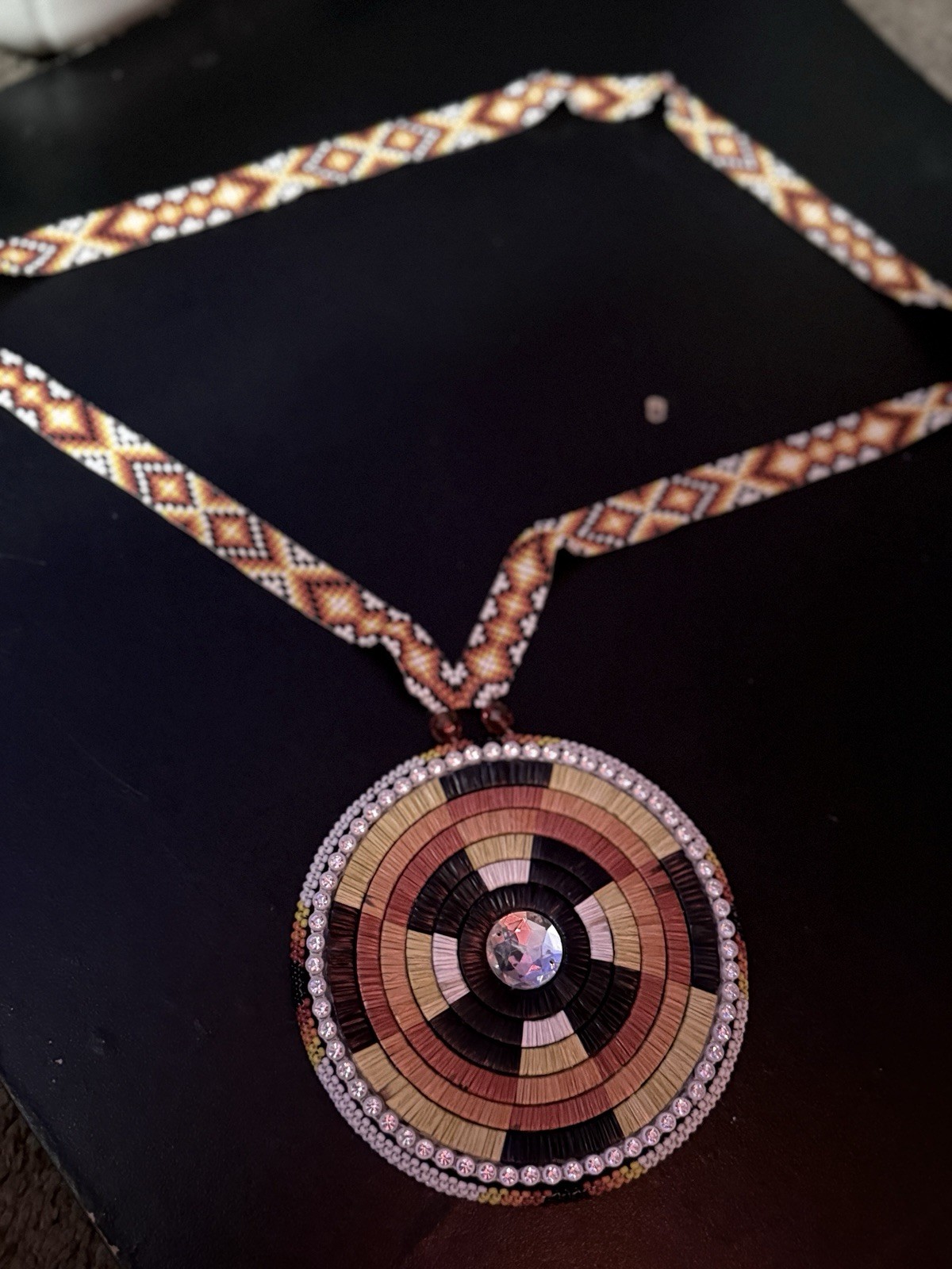 4” Authentic Quill, And Bead Medallion In The Traditional Colors Of Sioux  Tribe