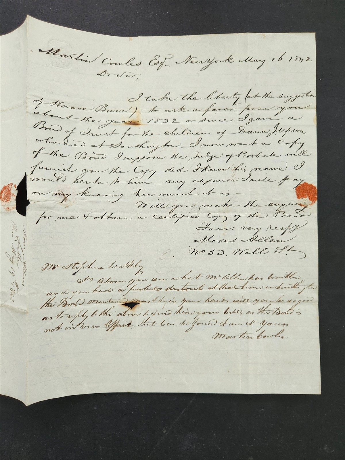 1832 antique MOSES ALLEN ny MARTIN COWLES farmington ct TRUST LETTER am tract so