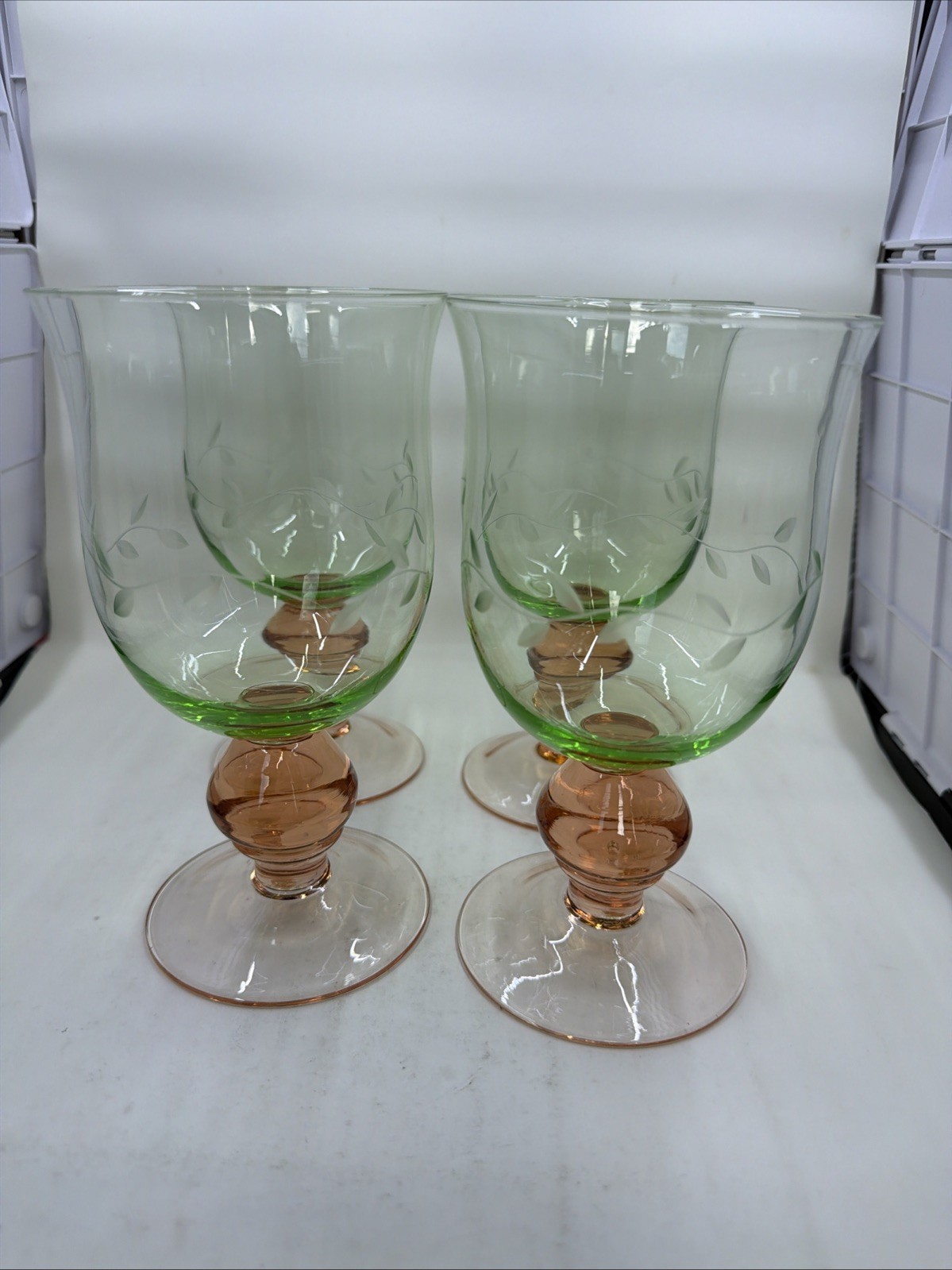 Pfaltzgraff Napoli Watermelon Pink Stem Iced Tea 4 Goblets Glasses Etched Vines Pfaltzgraff Napoli Watermelon Pink Stem Iced Tea 4 Goblets Glasses Etched Vines