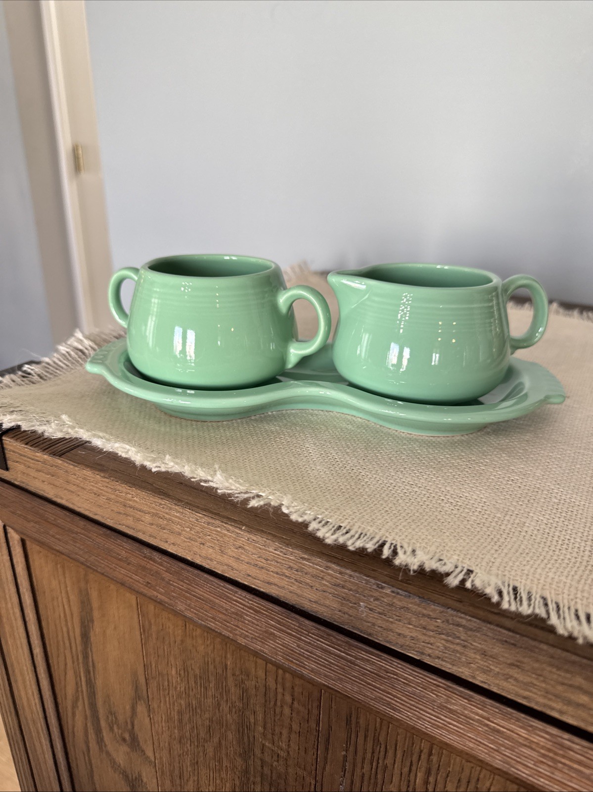 Fiesta Sea Mist Green Cream And Sugar, With Tray, No Sugar Lid