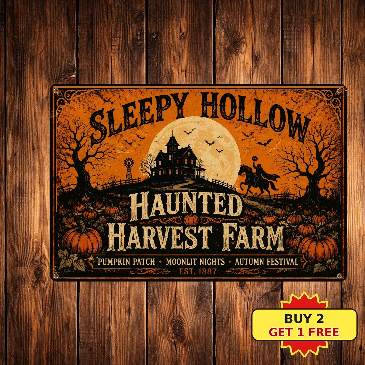 Sleepy Hollow Farm Pumpkin Halloween Metal Sign Spooky Autumn Harvest Plaque