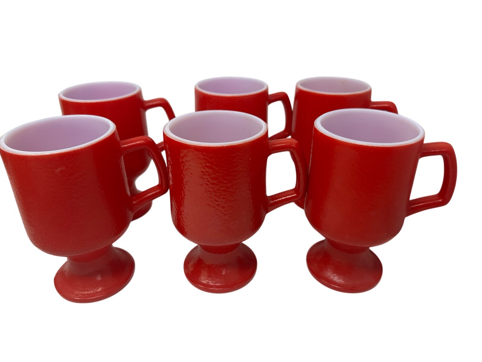 Set Of 6 Vintage Hazel Atlas Red Orange Peel Textured Milk Glass Pedestal Mugs