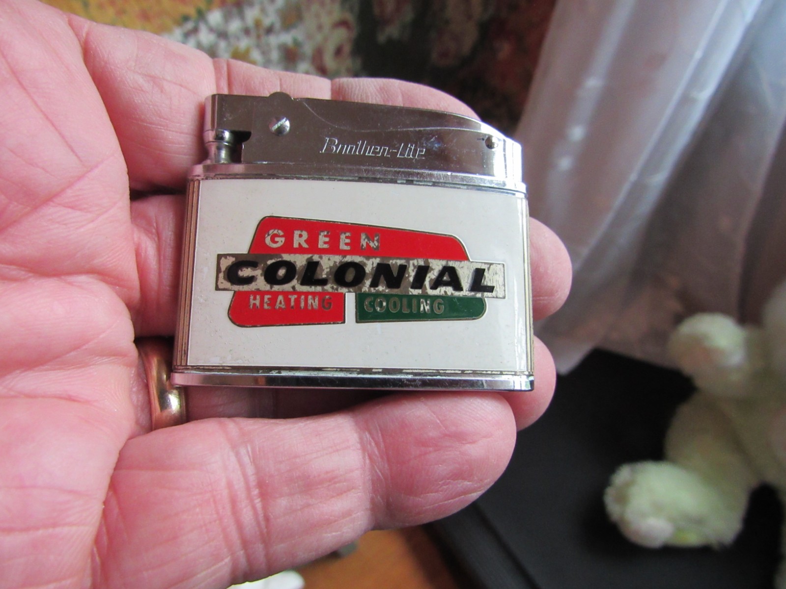 Vintage Pre-Owned Brother-Lite Open Cigarette Lighter Adv. Green Colonial Hvac