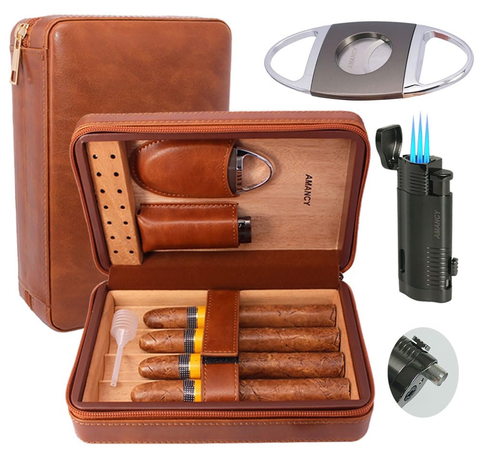 AMANCY Elegant Handmade Brown Leather Cedar Wood Lined 4 Cigar Humidor Case w...