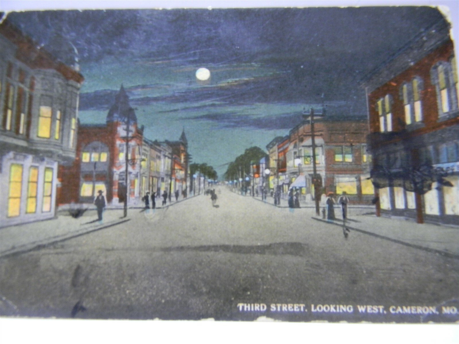 Vintage c1910 Cameron Missouri Third Street View at Night Postcard P16