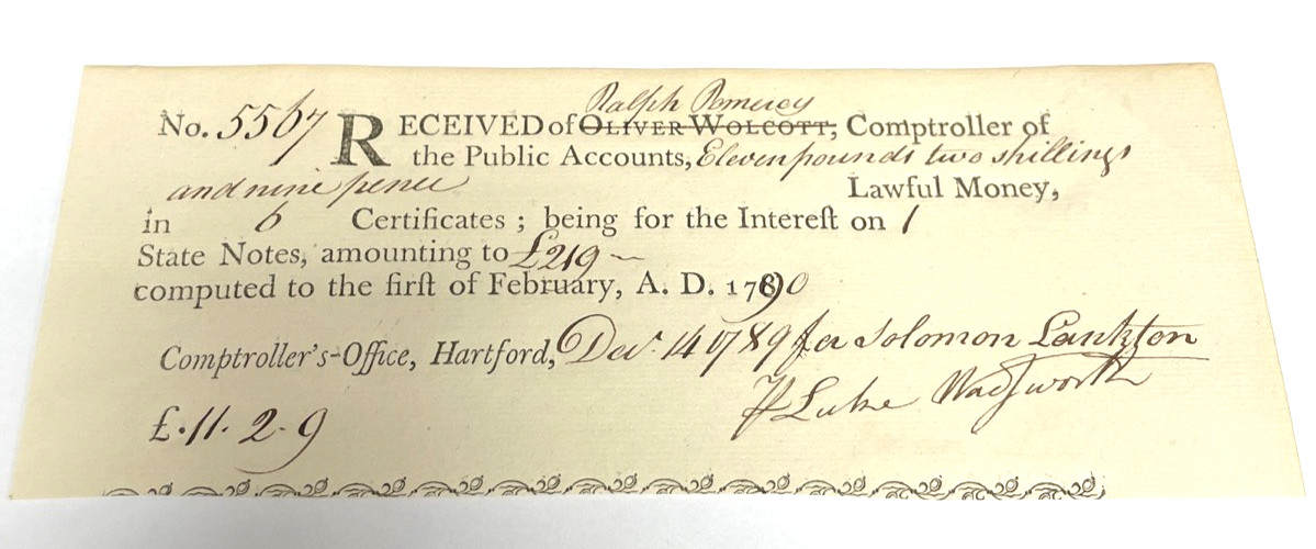 1790 Connecticut Comptroller\'s Office Fiscal Document