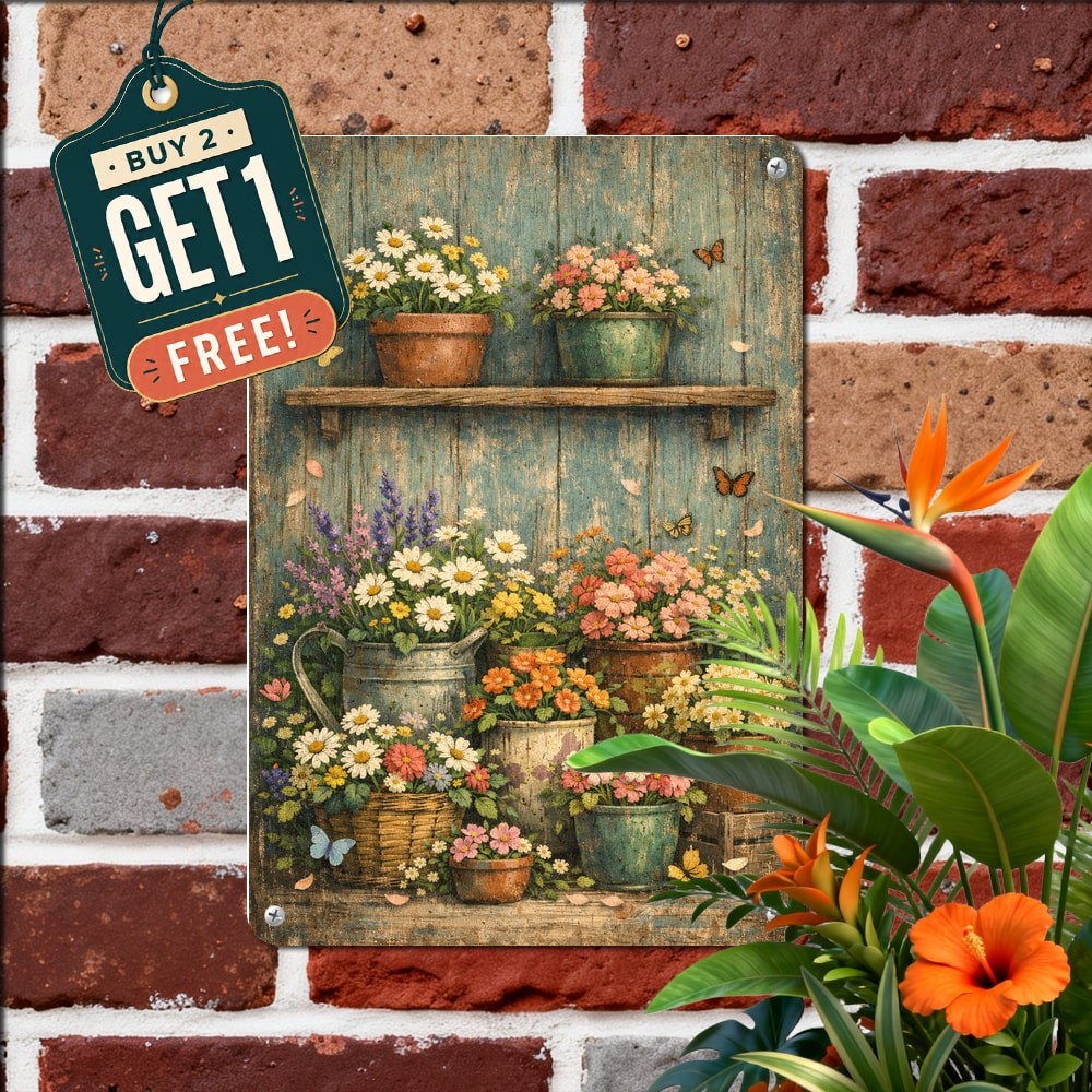 Flower Pot Butterfly Vintage Metal Plaque Spring Garden Wall Decor 8x12