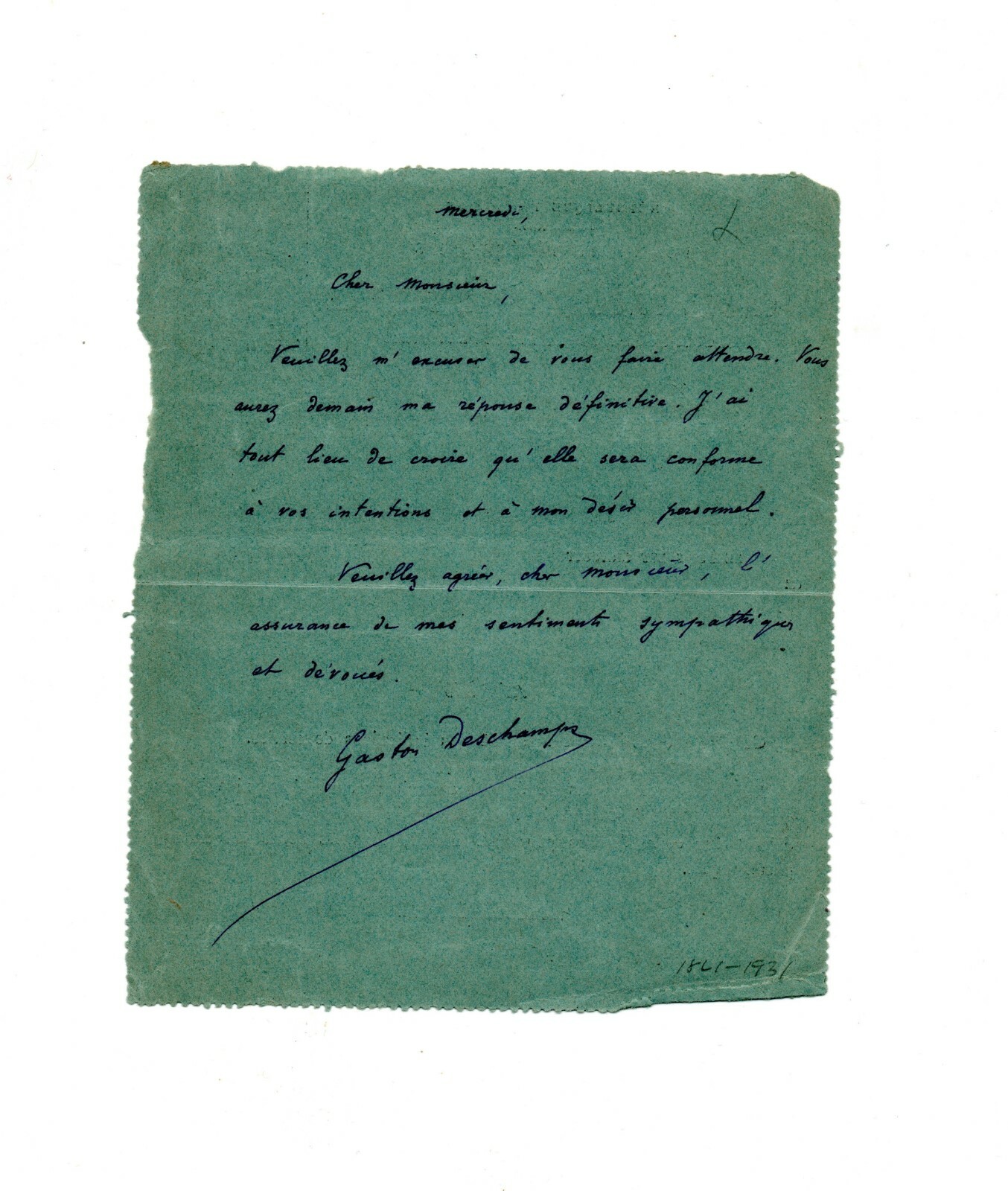 French archaeologist & writer Gaston Deschamps SIGNED letter to James Hazen Hyde