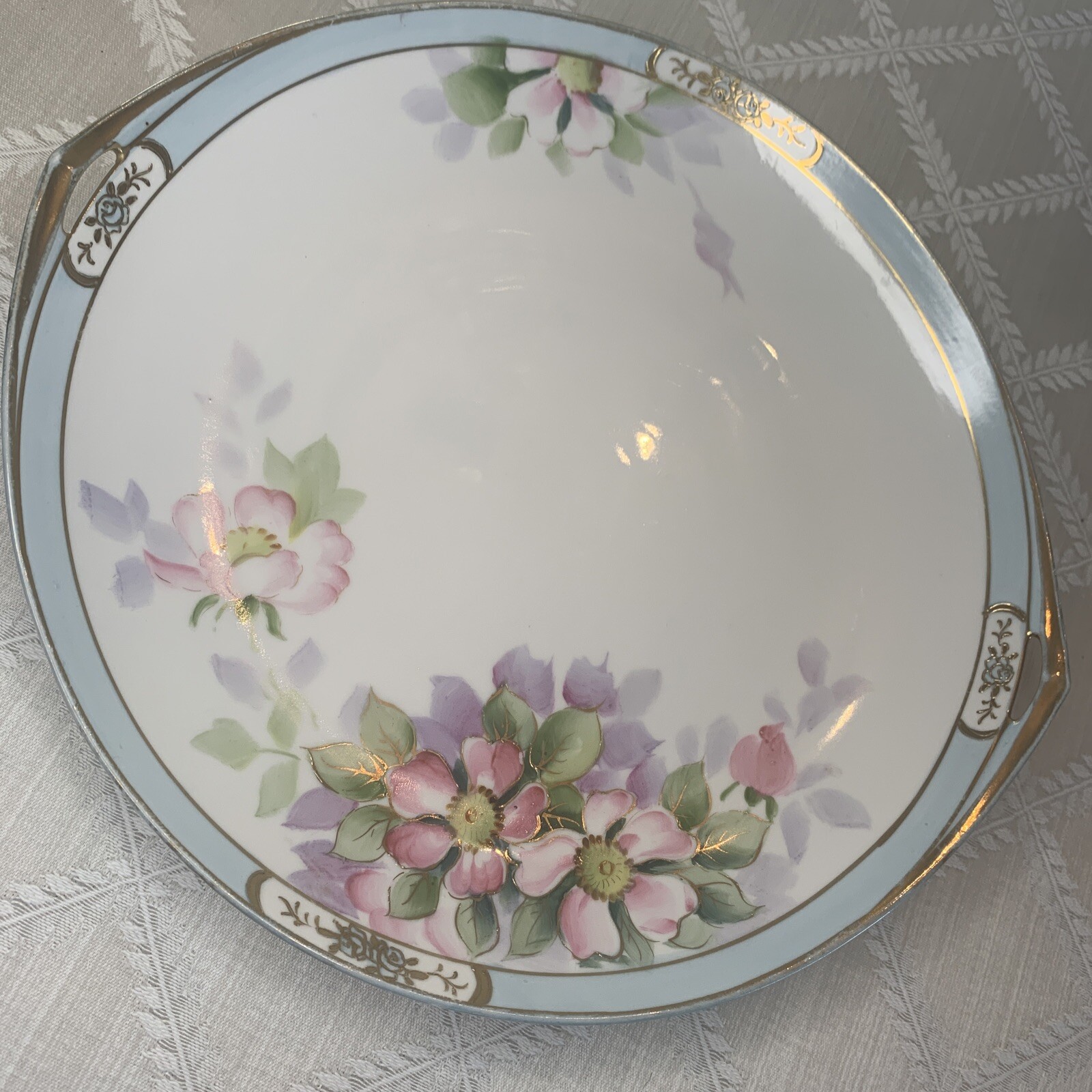 Antique Nippon Hand Painted Serving Plate w/Gold Handles, Peonies Roses Pastels