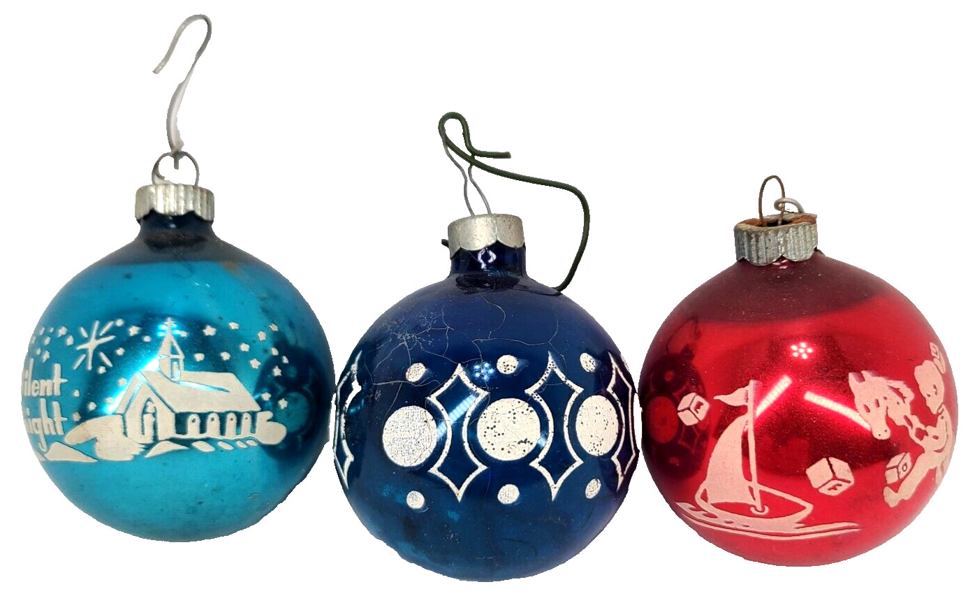 Vintage Shiny Brite Glass Christmas Stenciled Ornaments Set of 3