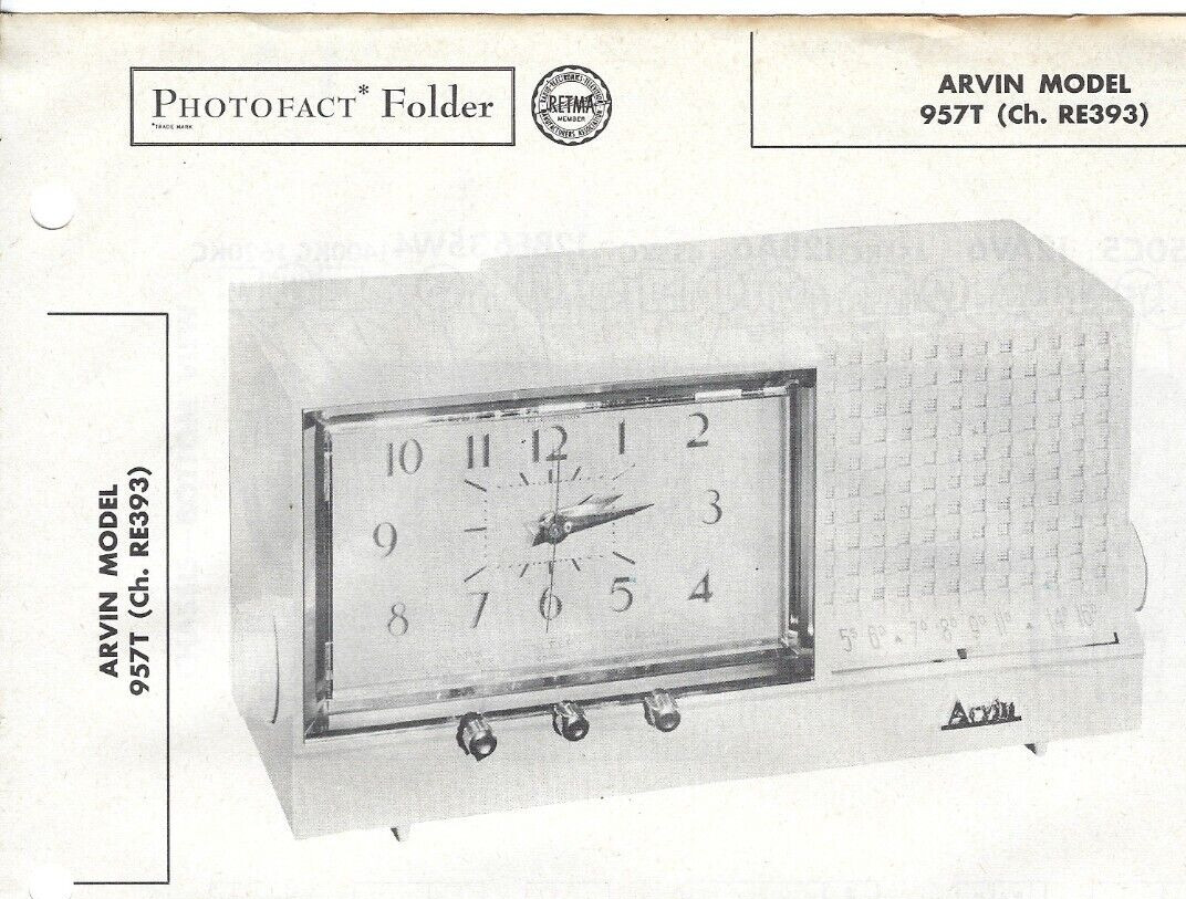 1956 ARVIN 957T AM Tube CLOCK RADIO Photofact SERVICE MANUAL Receiver RE393