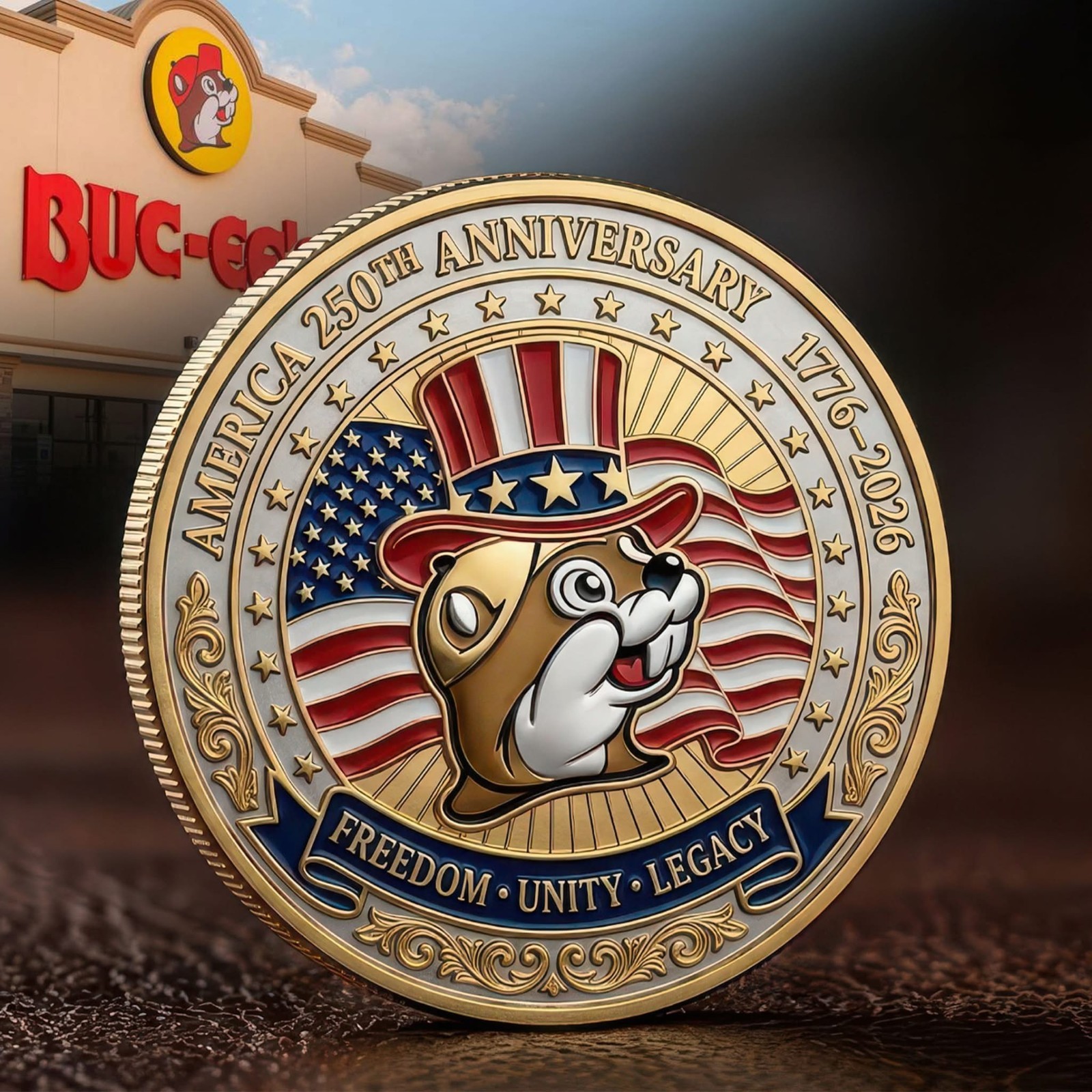 Buc-ee's America 250th Anniversary Coin 1776-2026 Patriotic Beaver Gold Medal