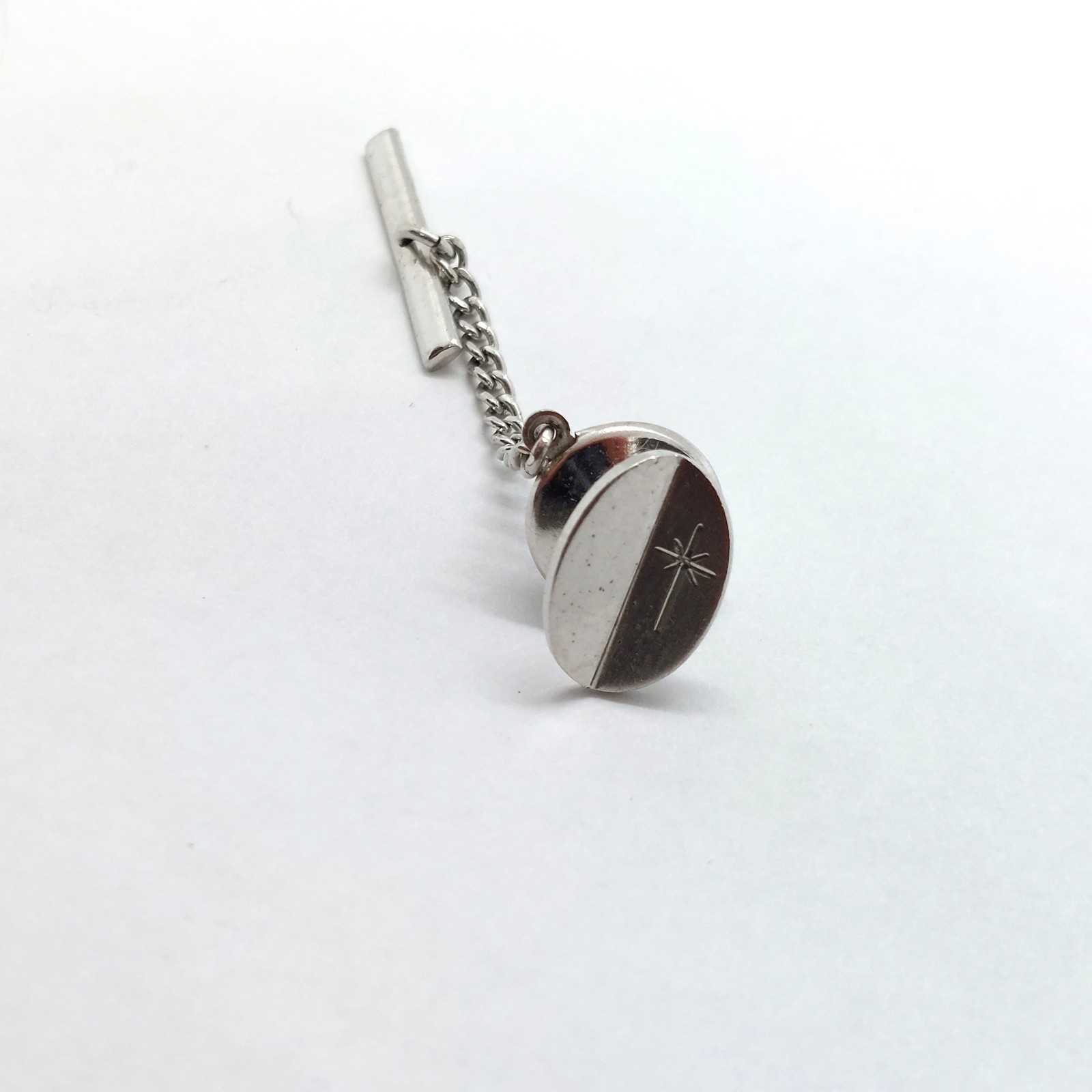 Vintage Silvertone Round Etched Cross Starburst Tie Pin Chain Bar Formal
