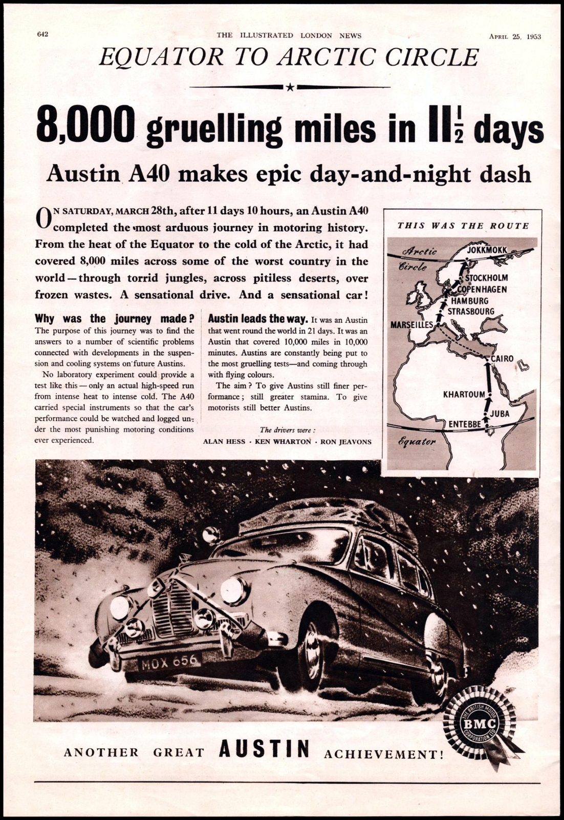 1953 BMC Austin A40 Equator to Arctic Circle Vintage Print Ad Snow Wall Art 1953 BMC Austin A40 Equator to Arctic Circle Vintage Print Ad Snow Wall Art