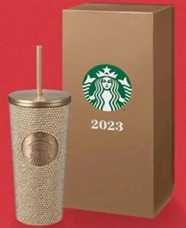 Starbucks 2023 New Taiwan Gold SS Rhinestone TOGO Cold Cup Tumbler Gift Box 16oz