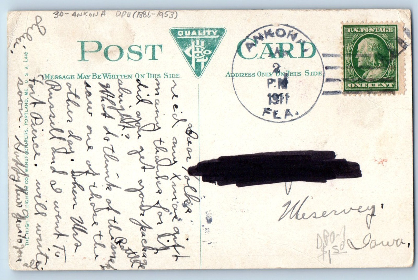 DPO (1886-1953) Ankona Florida FL Postcard Rattle Snake Showing Its Rattles 1911