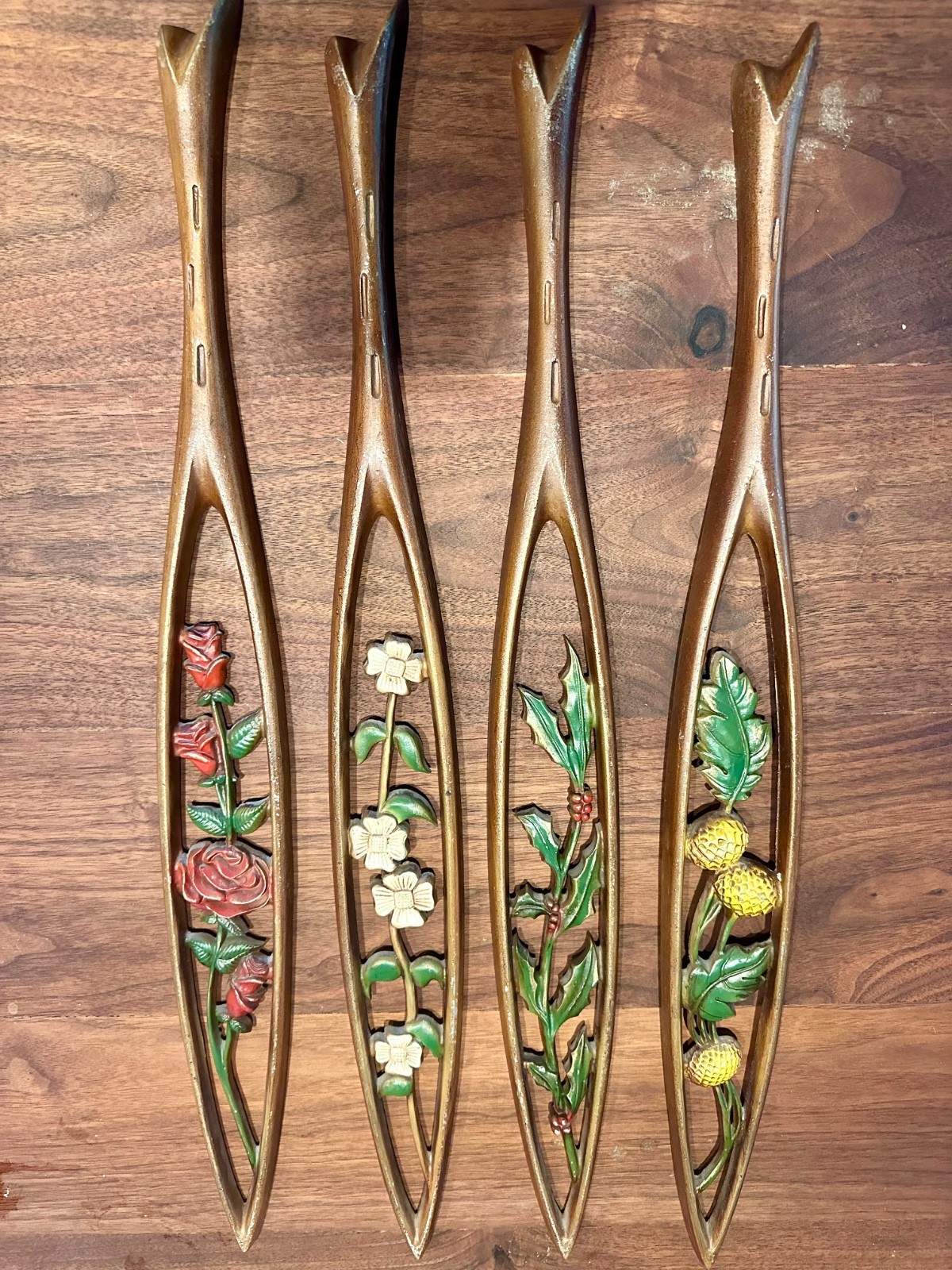 vtg sexton mcm mid-century cast metal hand painted set of 4 floral wall hangings