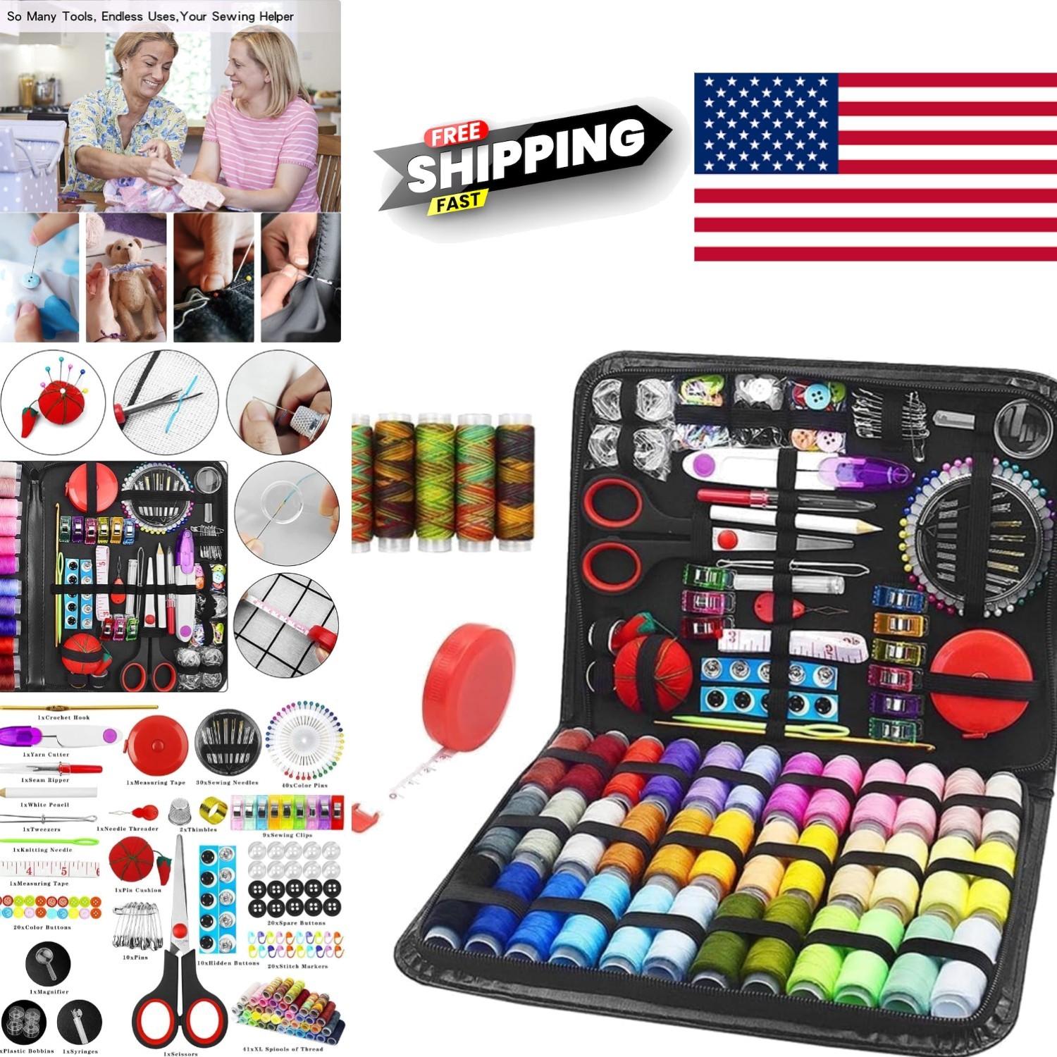 Complete Sewing Kit 229 Pieces with Scissors Needles and Thread for DIY Projects