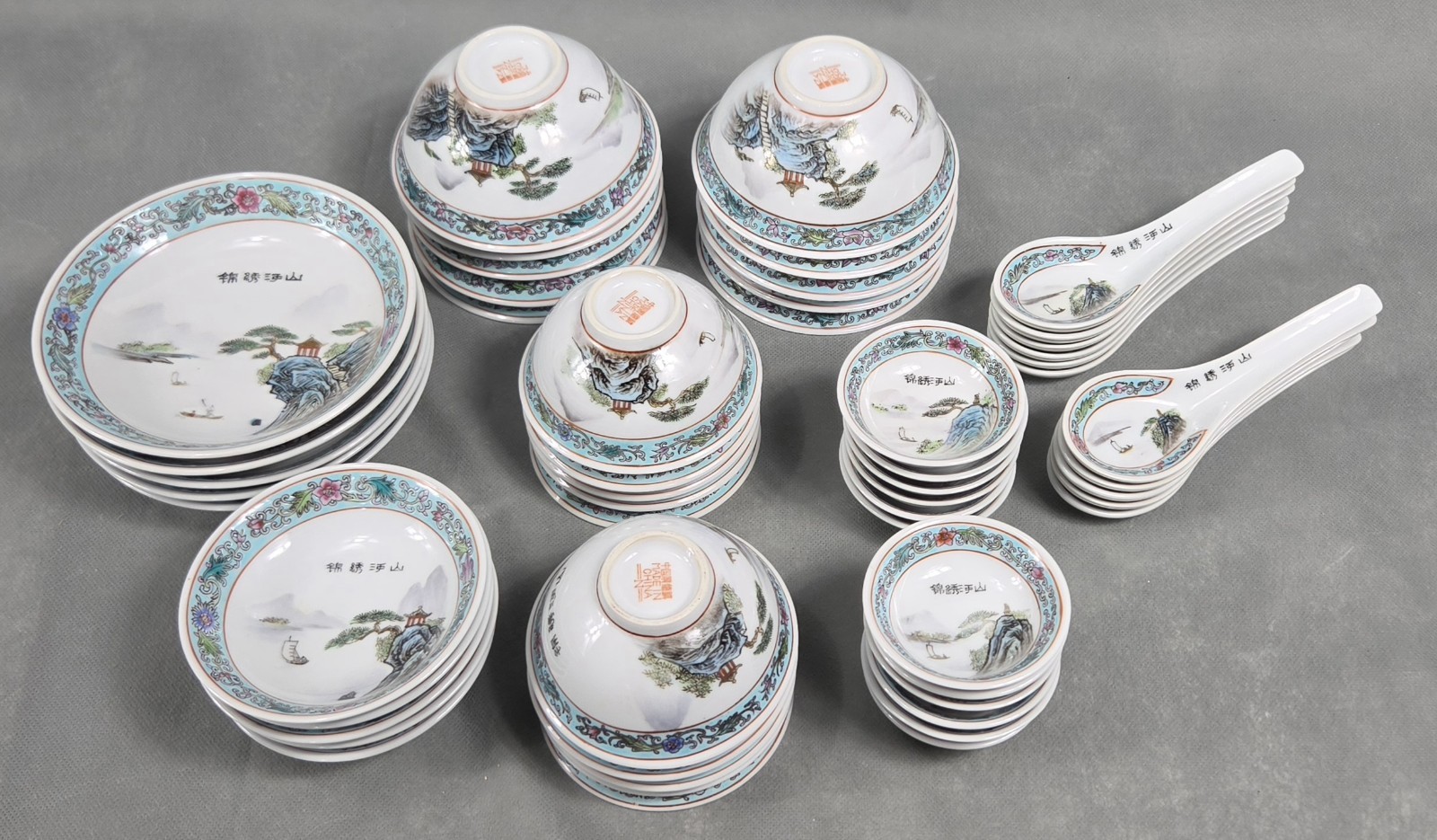 JINGDEZHEN Porcelain CHINESE Hand Painted LADSCAPE Scenic BOWLS PLATES Lot of 53