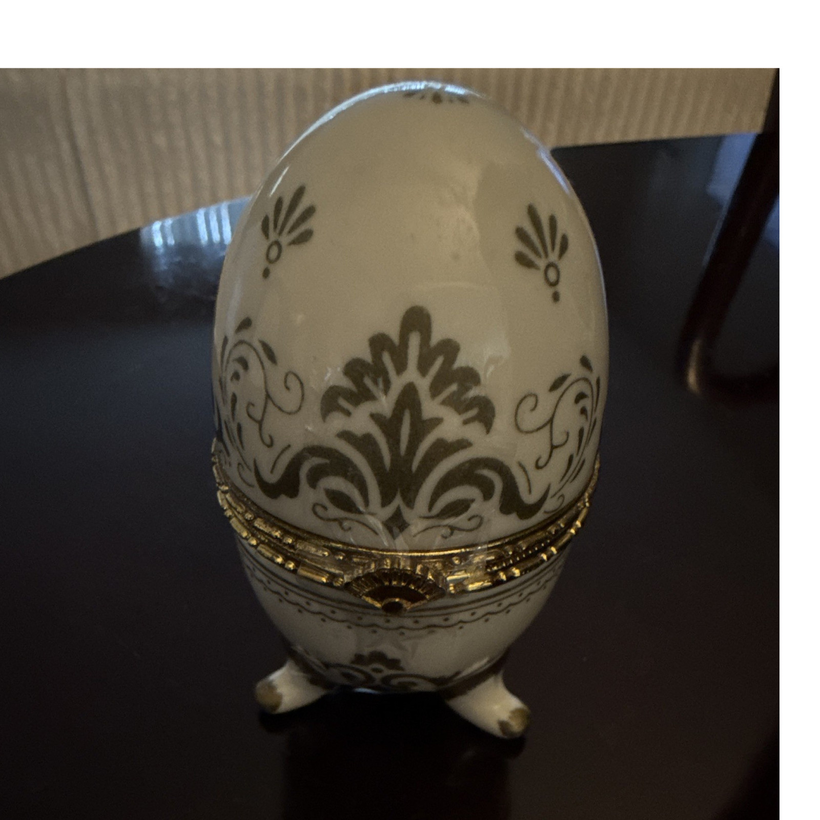 White & Gold Decorative Egg Trinket Box w/ Hinged Lid, Feet, Gray Scroll