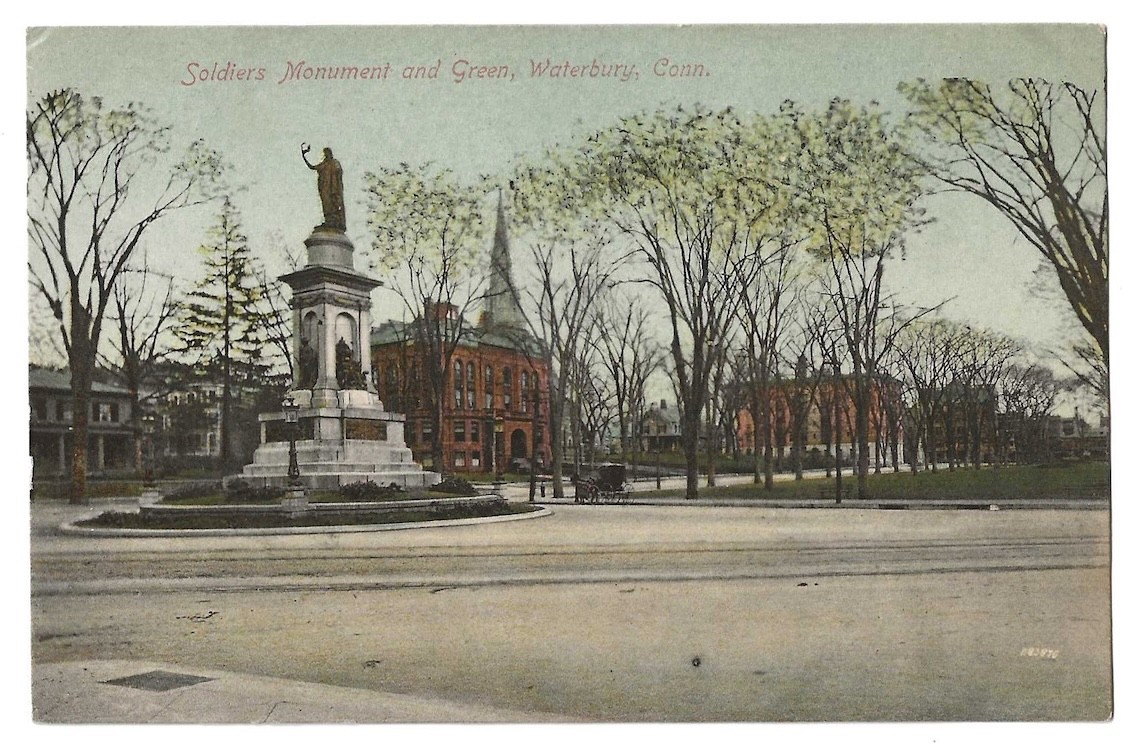 Waterbury Connecticut c1908 Soldiers Monument and Green, statue