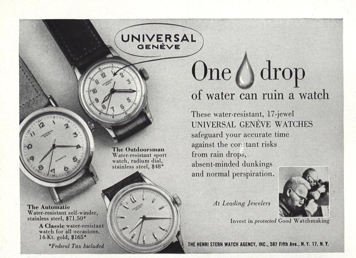 1949 Universal Geneve: One Drop of Water Vintage Print Ad