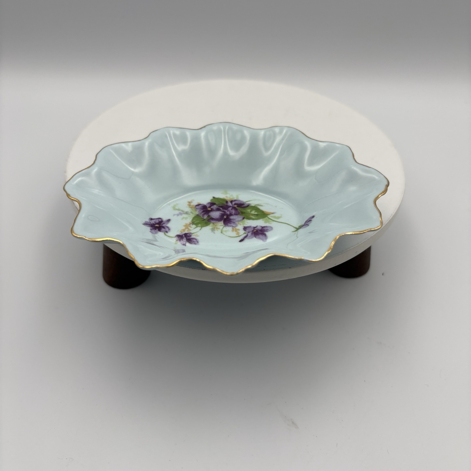 Adderly England bone china ruffled oval Trinket dish Blue with purple flowers 5”