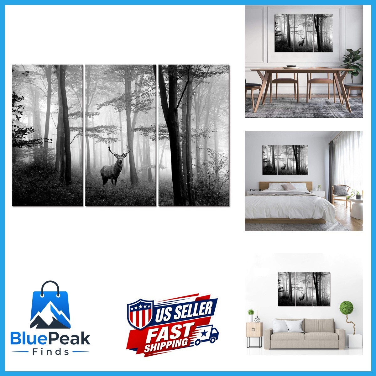 WELMECO 3 Pieces Black and White Deer Autumn Forest Canvas Prints L-48 XH-32
