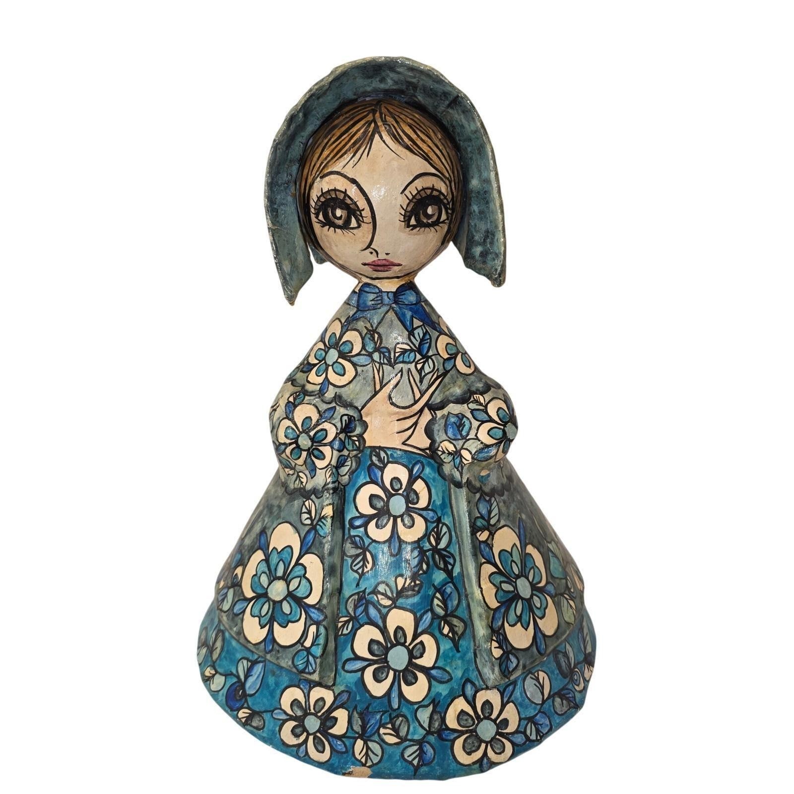 Abelardo Ruiz Vintage Papier Mache Figurine Mexican Folk Art Big Eyes Blue Doll