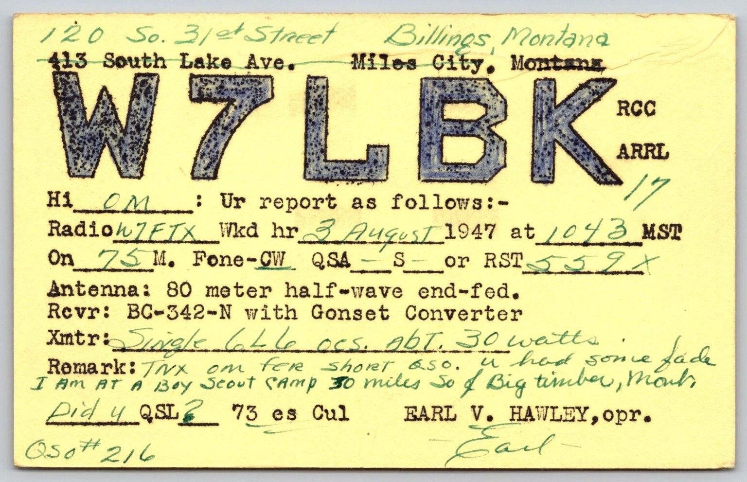 1947 QSL Card W7LBK Billings MT Boy Scout Camp Big Timber Ham Radio D445