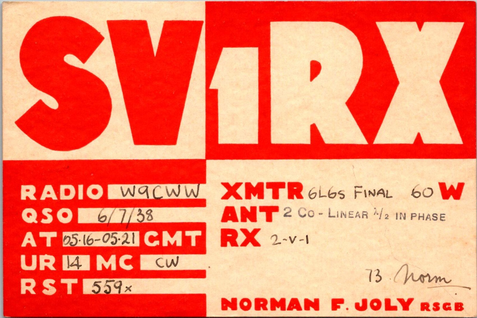 Athens Greece SV1RX Rare Collectible QSL Card 1938