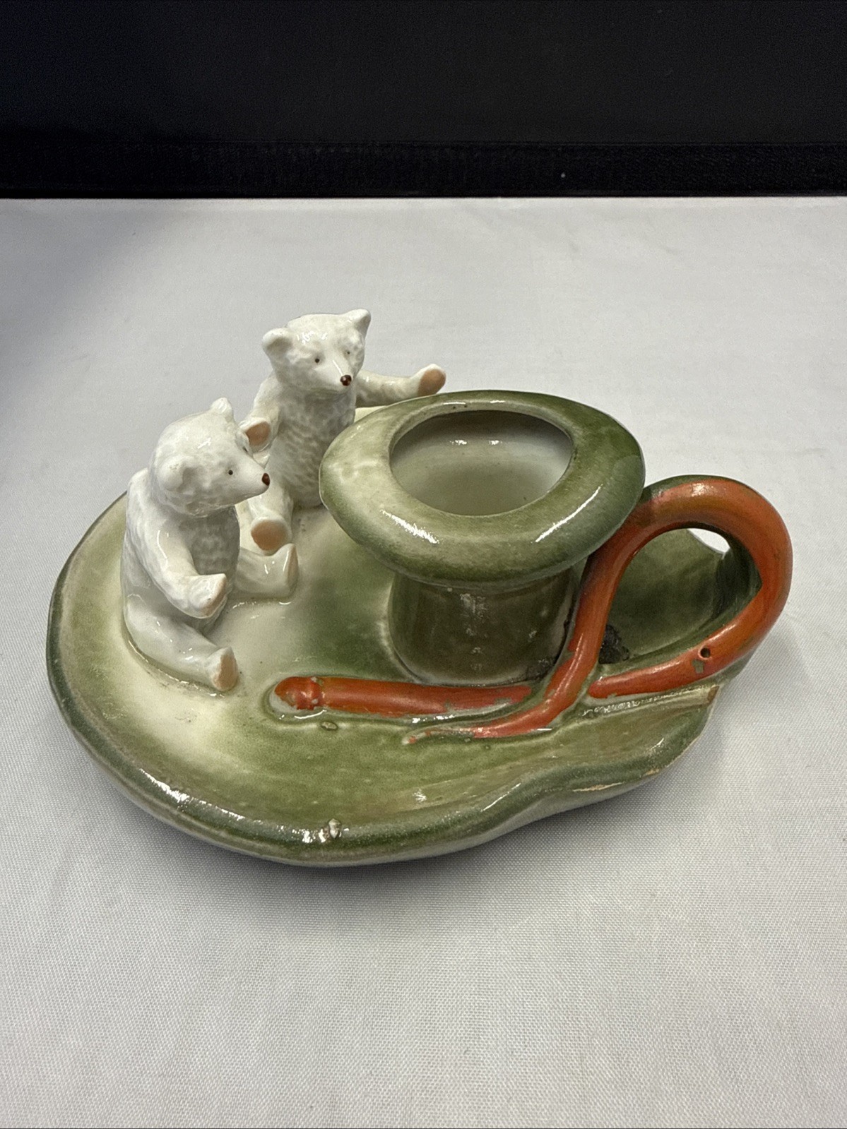 09/22. Antique German Fairing Porcelain Teddy Bear Candleholder 09/22. Antique German Fairing Porcelain Teddy Bear Candleholder