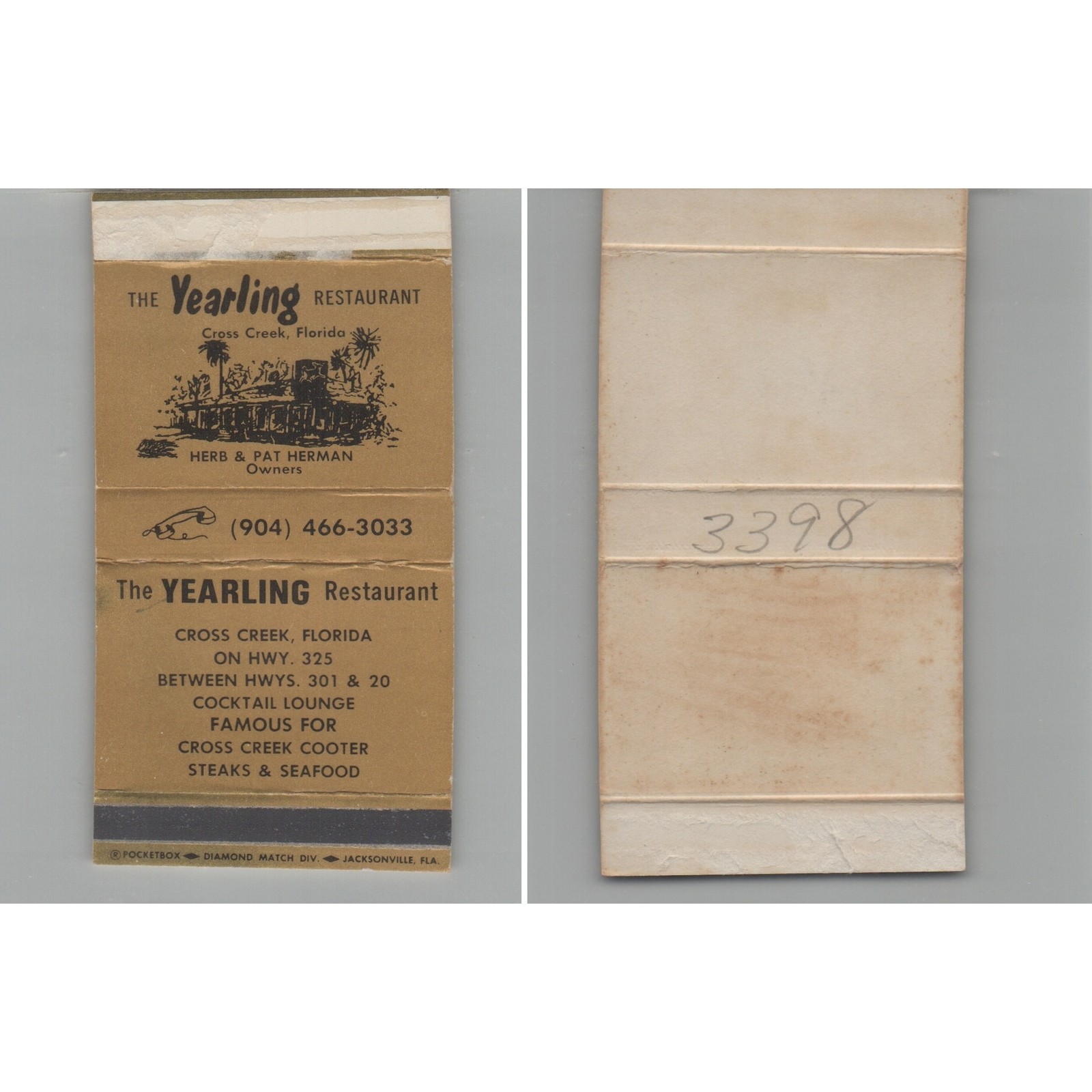 Matchbox Cover The Yearling Restaurant Cross Creek FL