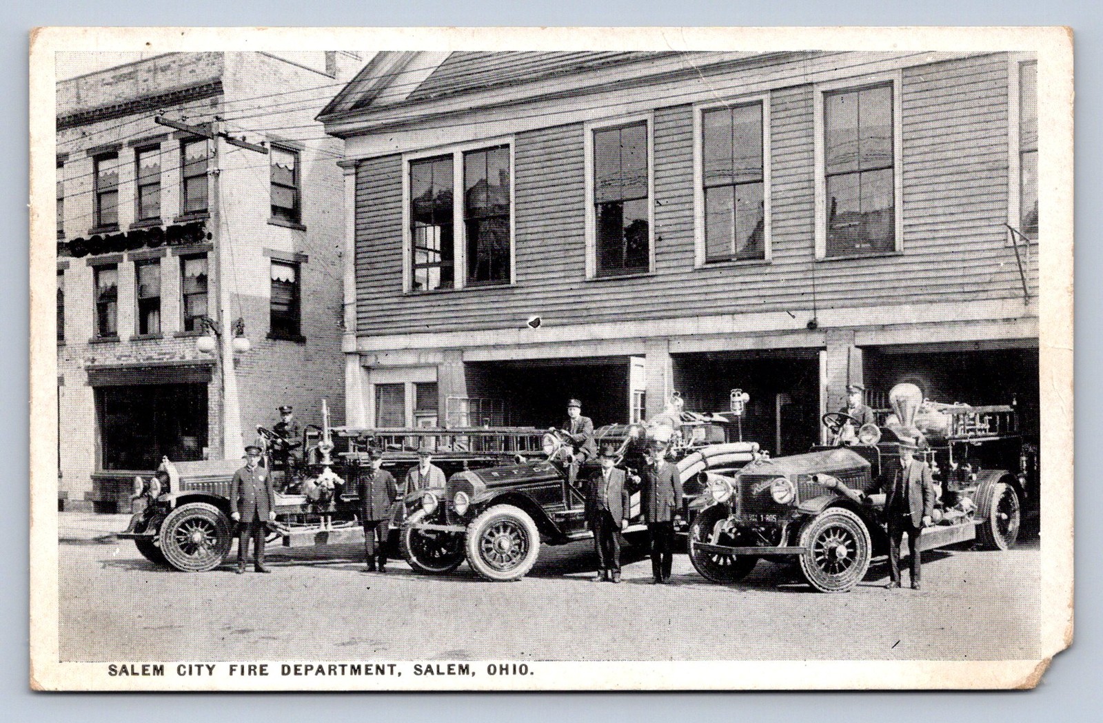 J87/ Salem Ohio Postcard c1920s City Fire Department Trucks 1967