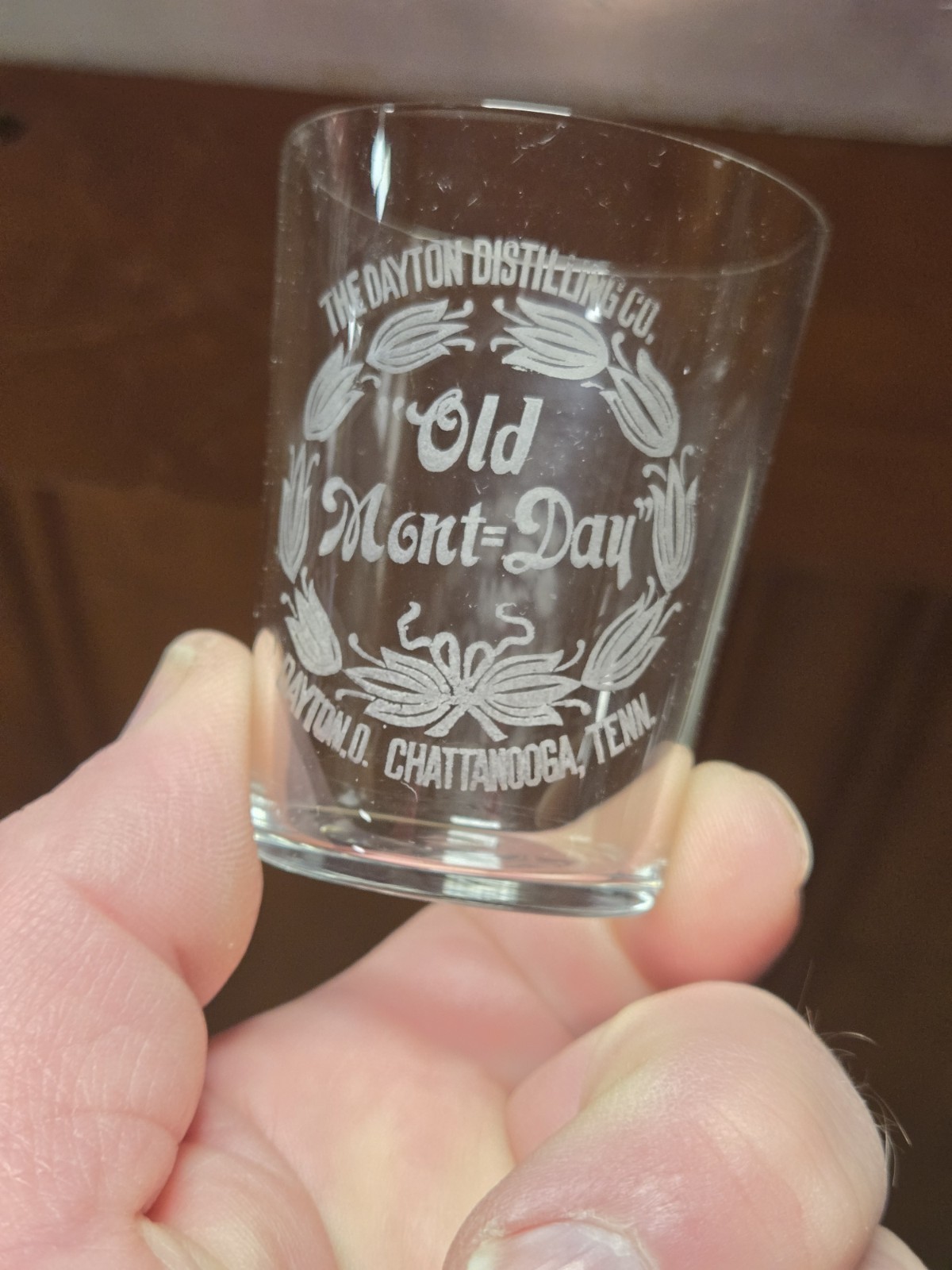 Antique Old Mont-Day Dayton OH Chattanooga TN PRE PRO ADVERTISING SHOT GLASS Antique Old Mont-Day Dayton OH Chattanooga TN PRE PRO ADVERTISING SHOT GLASS