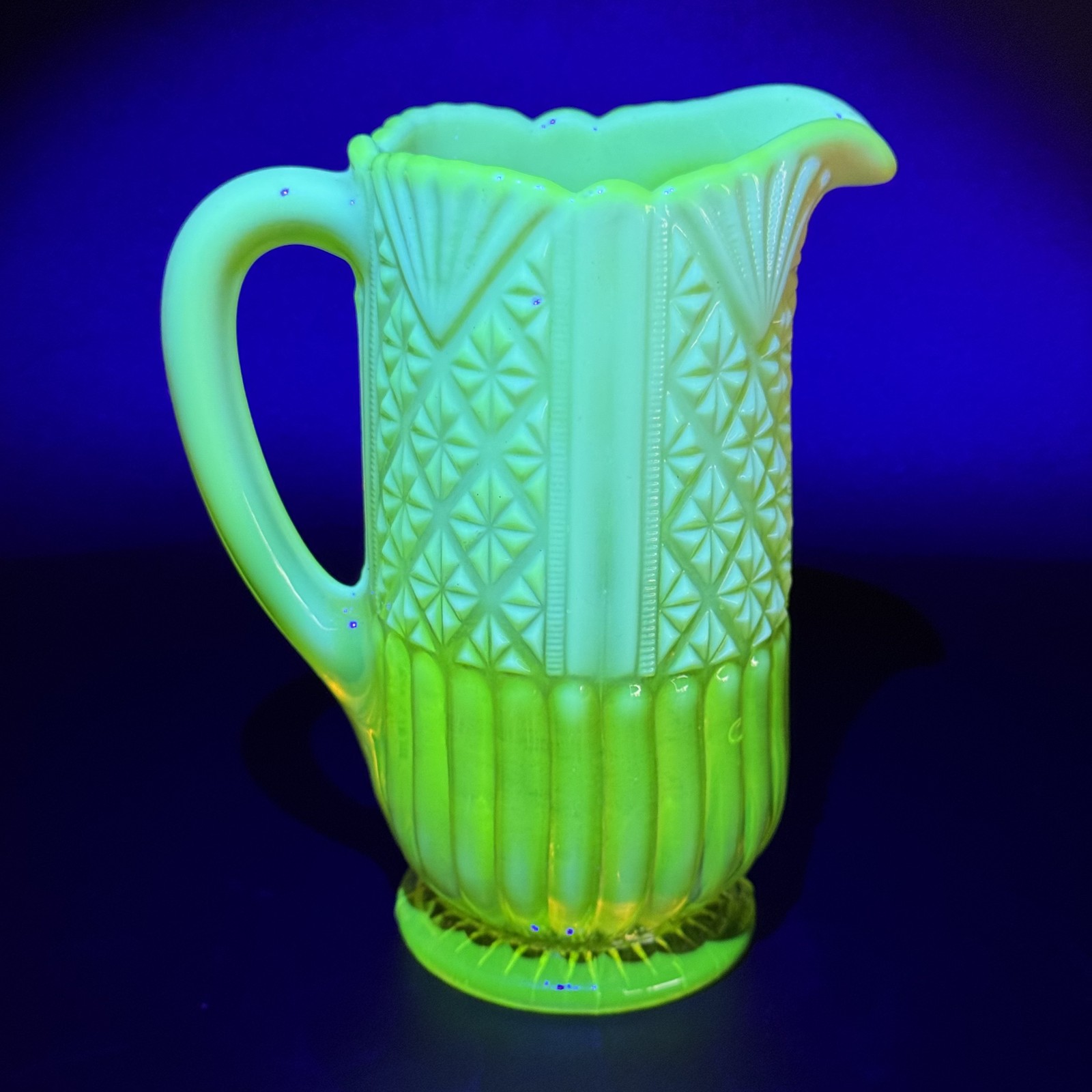 Antique Vaseline Uranium Glass Handled Pitcher Jug Yellow Pearline Opalescent