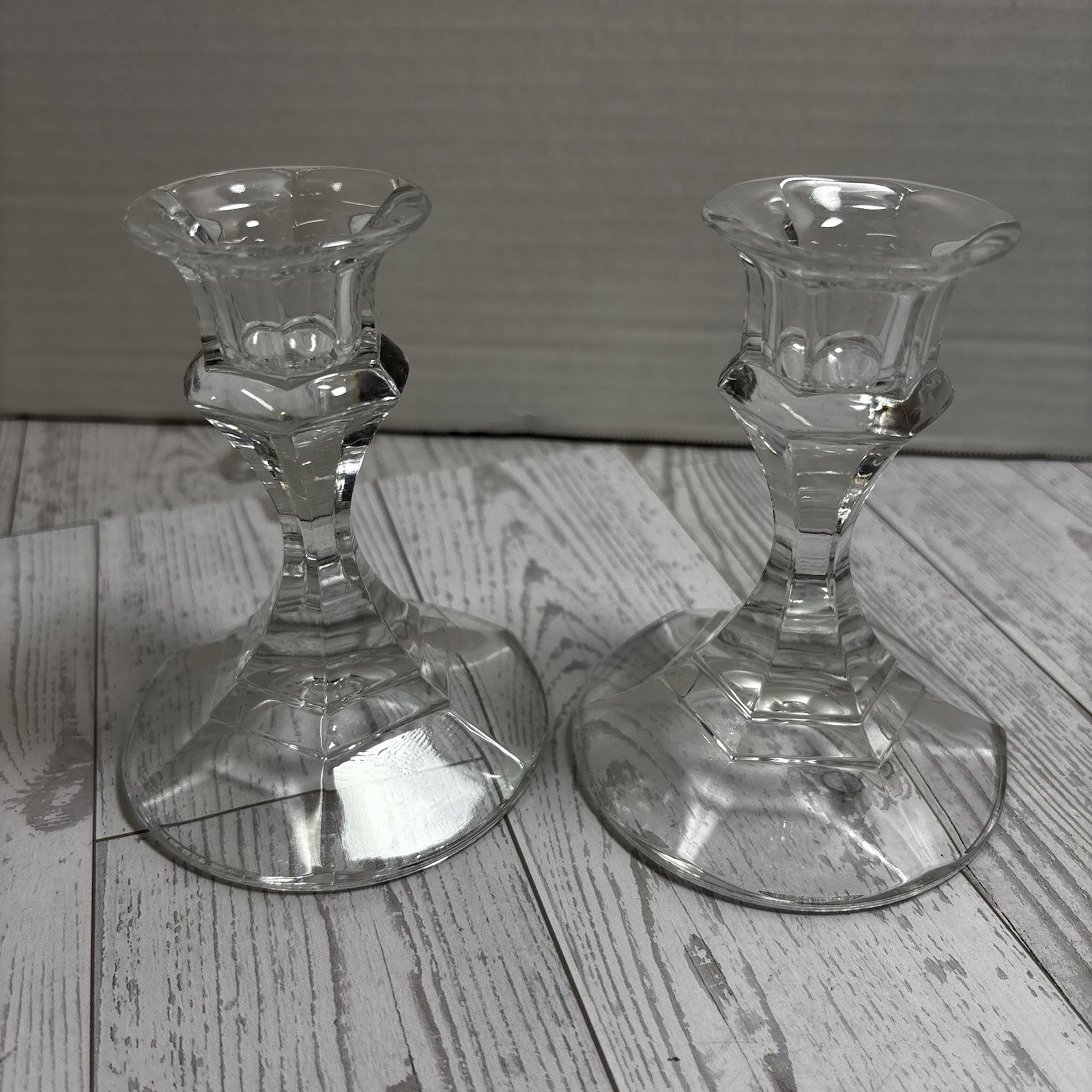 Vintage Clear Glass Candlestick Holders Pair Hexagon Art Deco Style 4” Tall