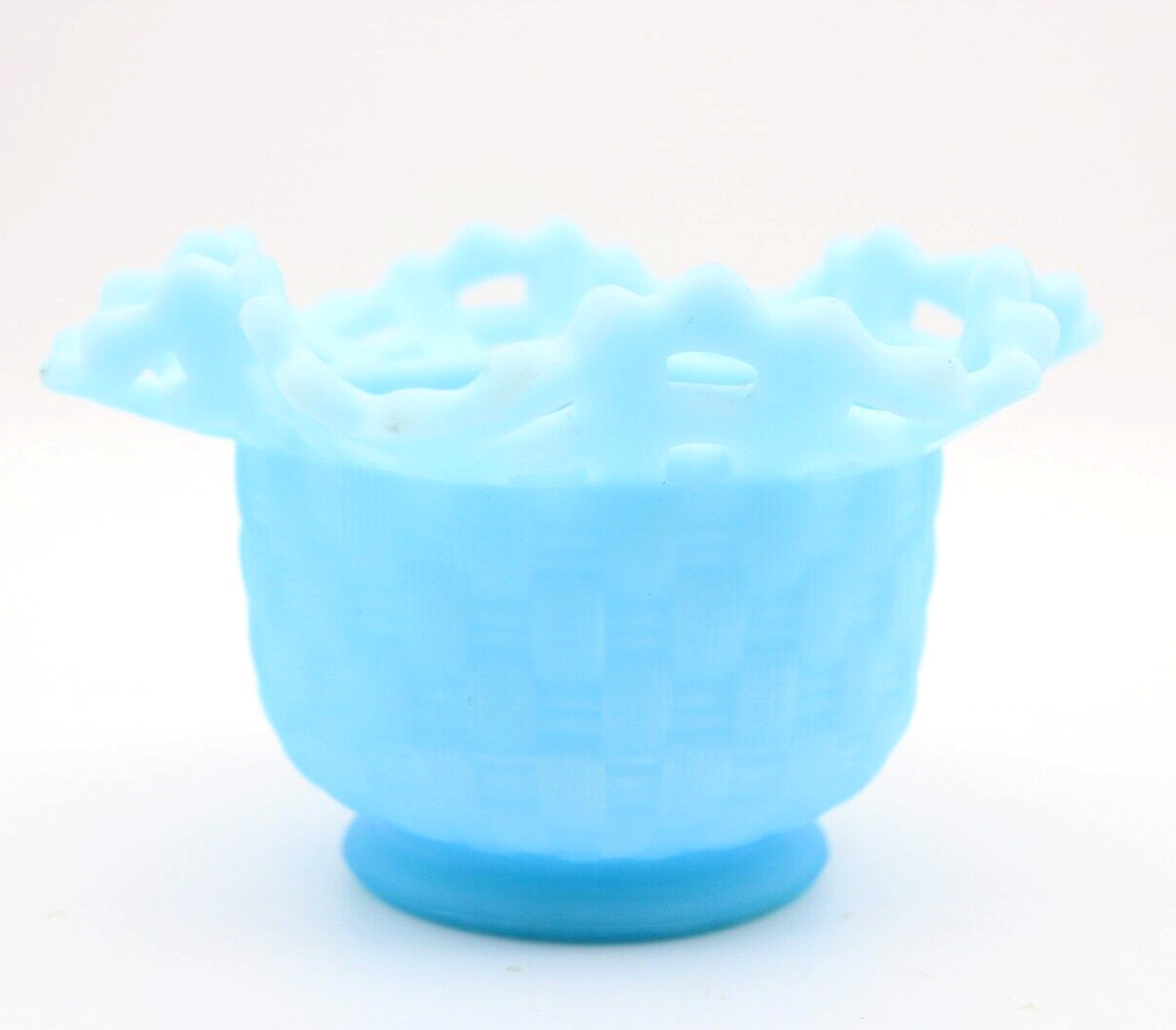 FENTON Blue Satin Custard Weave Basket Glass Bowl w/ Lace Edge & Sticker