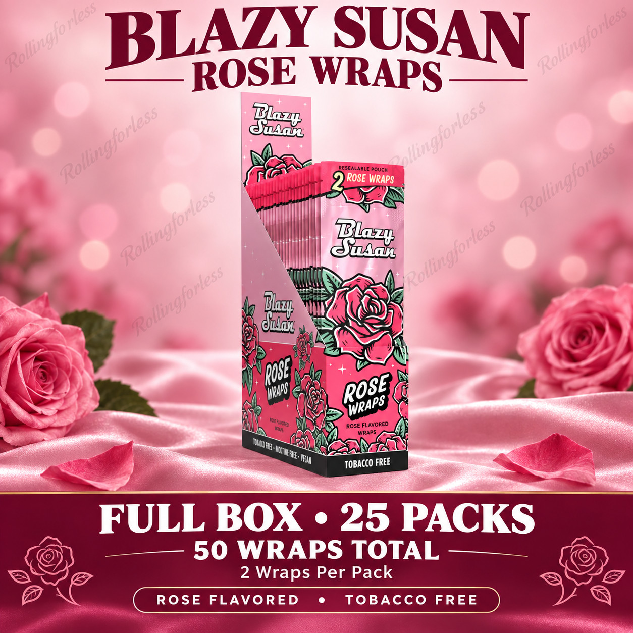 Blazy Susan Rose Wraps Full Box 25 Packs 50 Wraps Pink Rose Flavored Tobacco Fre