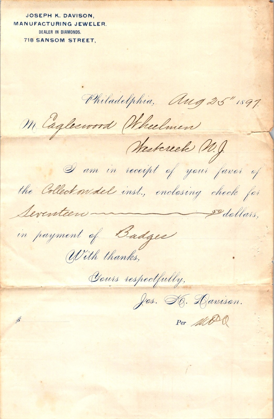 1897 Joseph K. Davison Letterhead Wheelmen Badges Philadelphia Jeweler