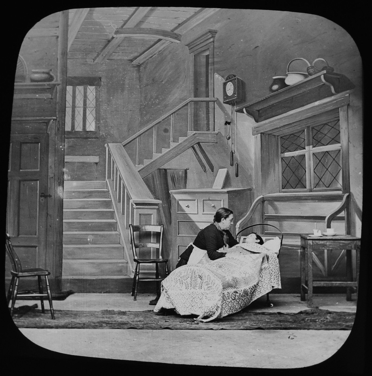 WOMAN WITH SICK BOY - LITTLE JIM VICTORIAN STORY PHOTO C1885 Magic Lantern Slide