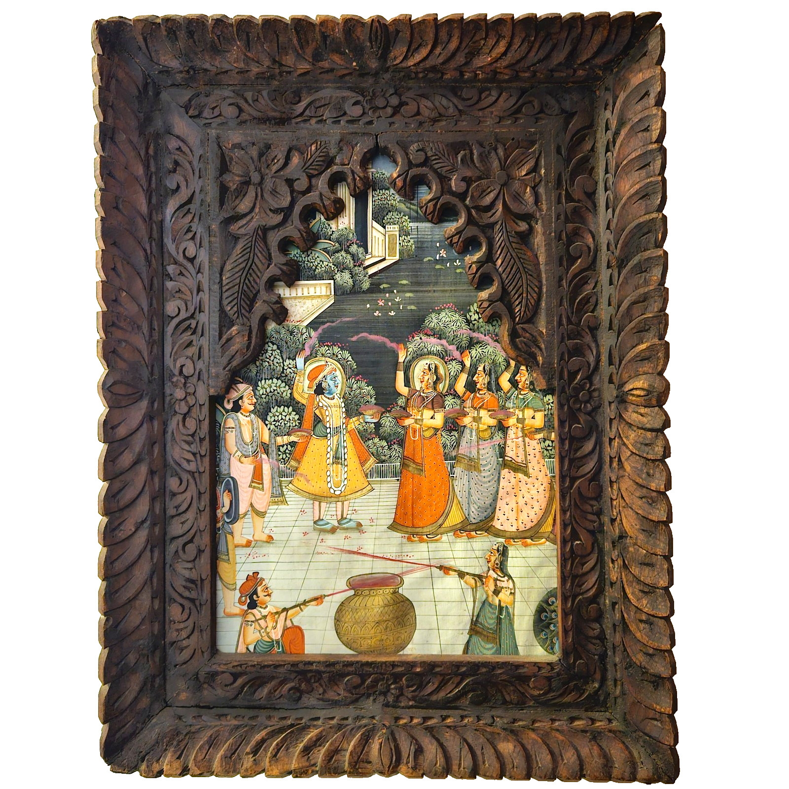 Vintage Indian Wall Carved Wooden Art Krishna with Gopis Home Room Mandir Decor