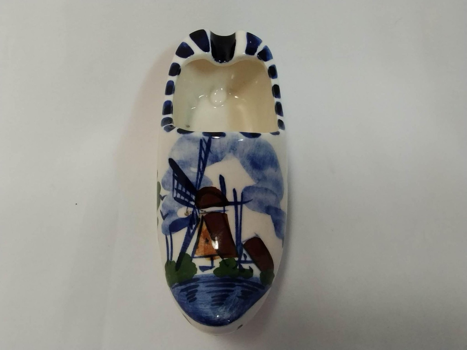 VTG Delft Blue and Brown Shoe Ashtray with Hand Painted Dutch Windmill